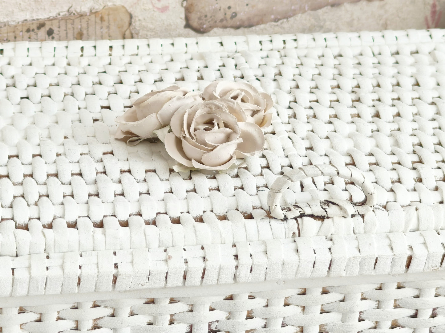 White Wicker Basket with Roses, Lidded Box