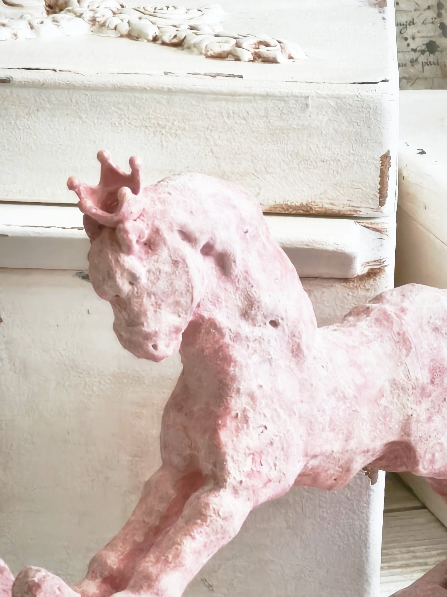 Pink Crowned Rocking Horse Figurine, Distressed Resin Sculpture, Shabby Chic Decor