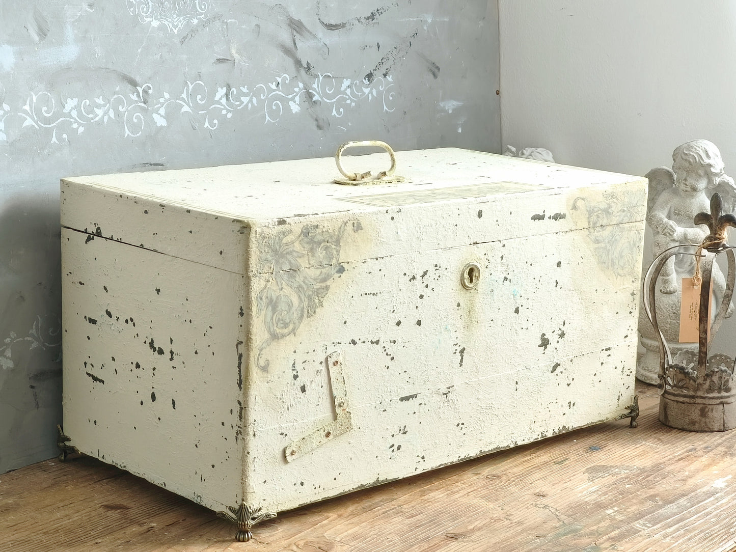 Antique Creamy Wooden Trunk Chest, Distressed Furniture