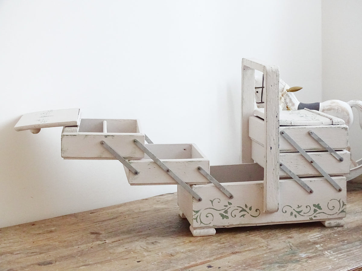 Antique Large Accordion Sewing Box: Shabby Chic Off White Wood Expandable Storage