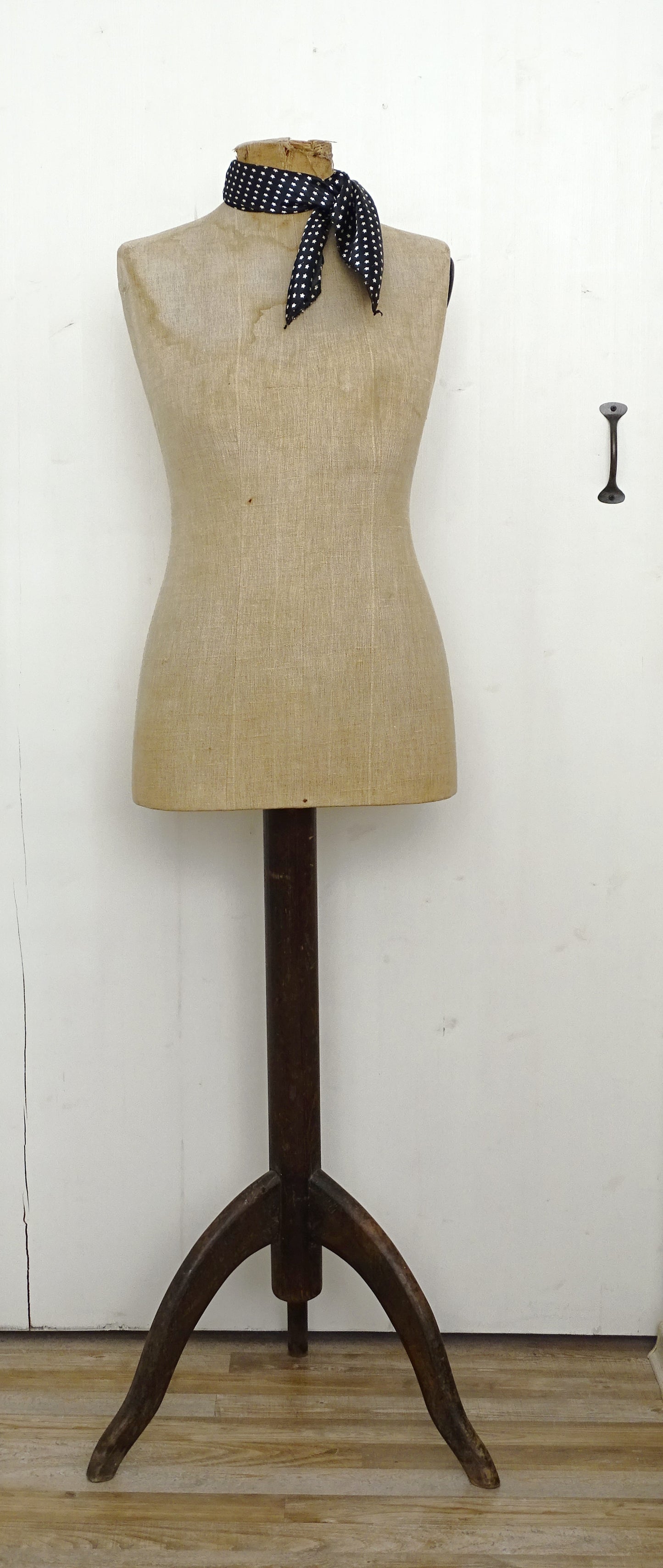 Antique French Mannequin: Tailor Dummy Female Dress Form, Oak Stand
