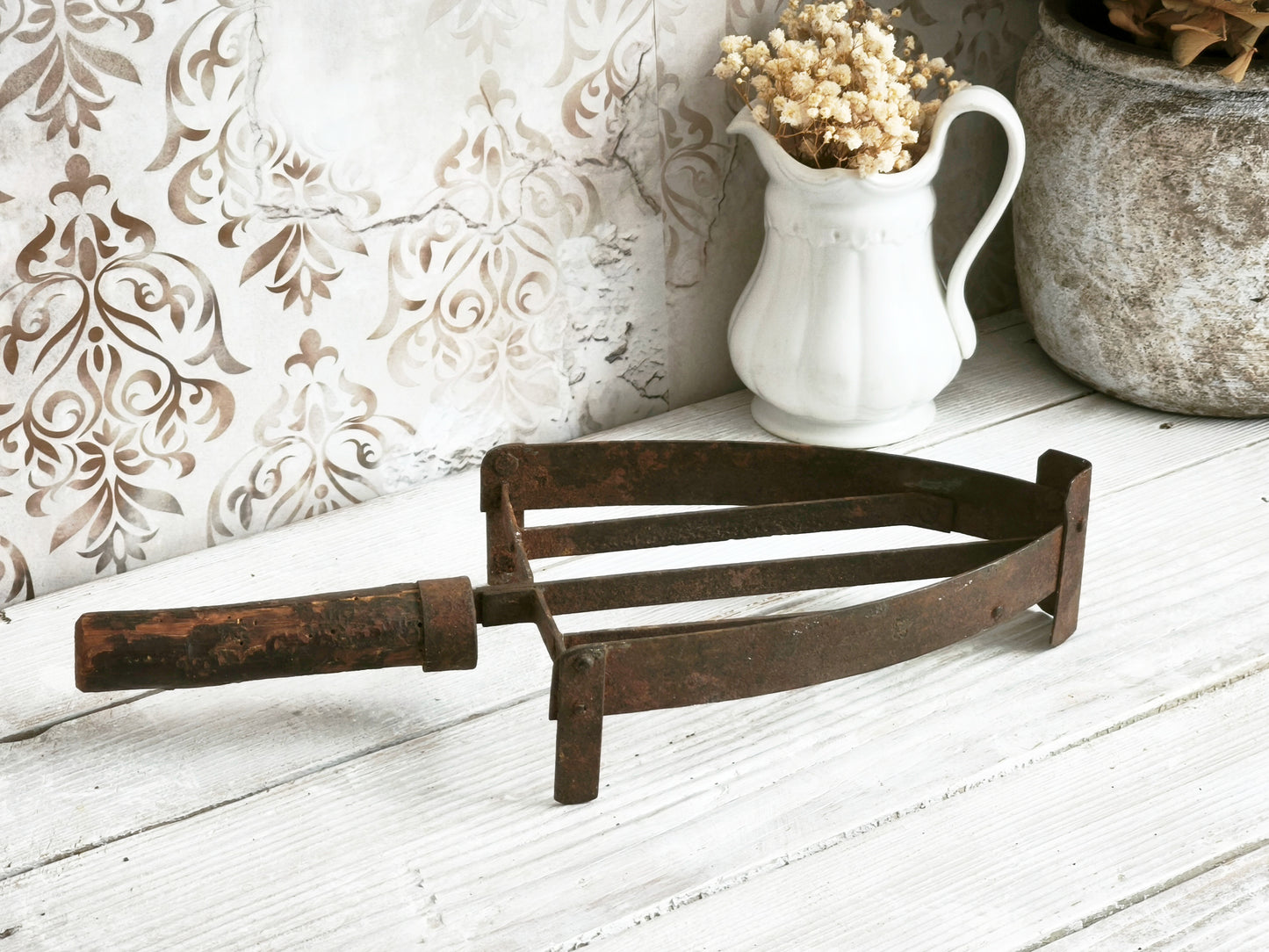 Antique Hand Forged Iron Trivet Wooden Handle