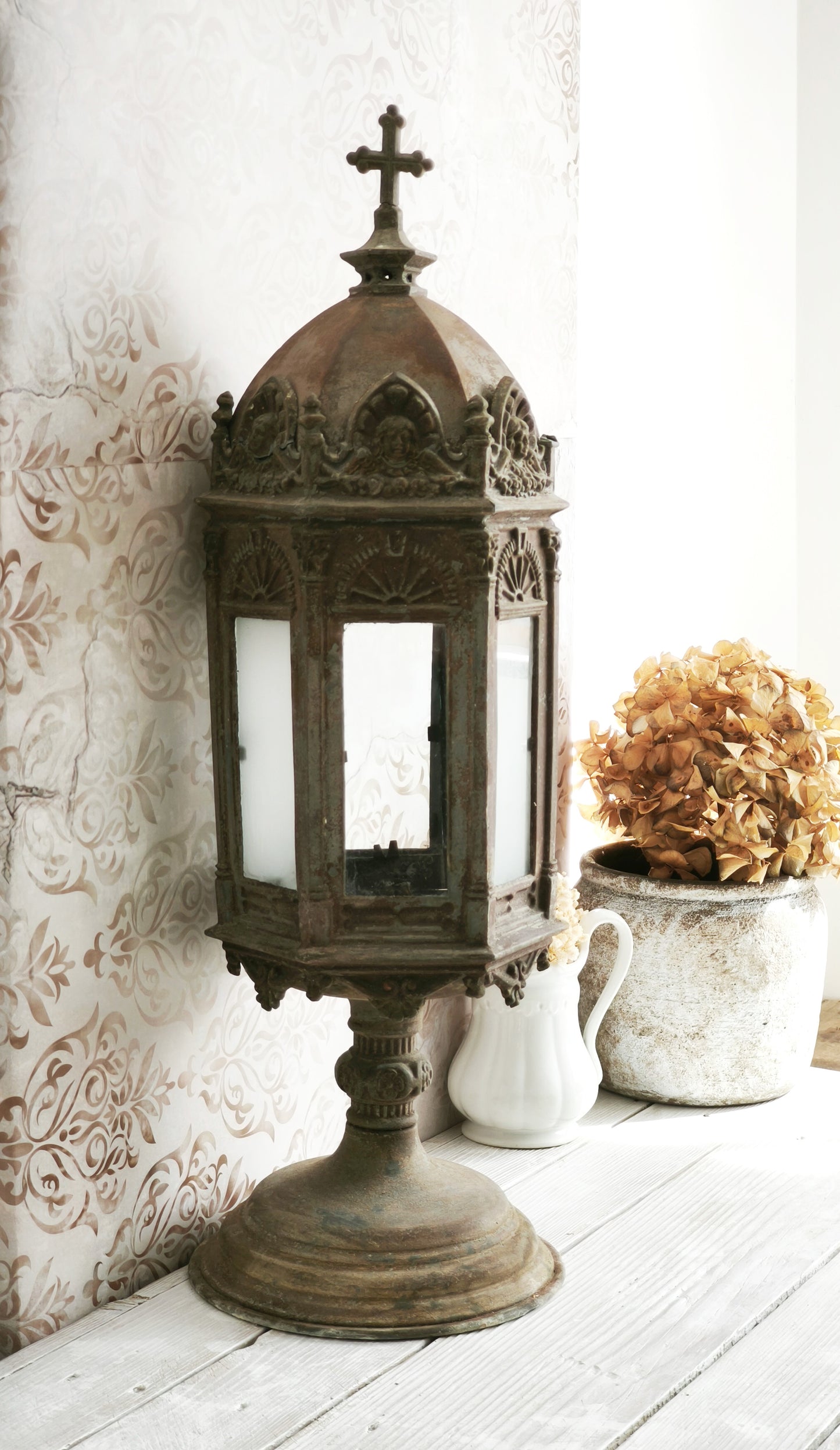 Antique Metal Church Candle Lantern Frosted Glass Windows, 1850s