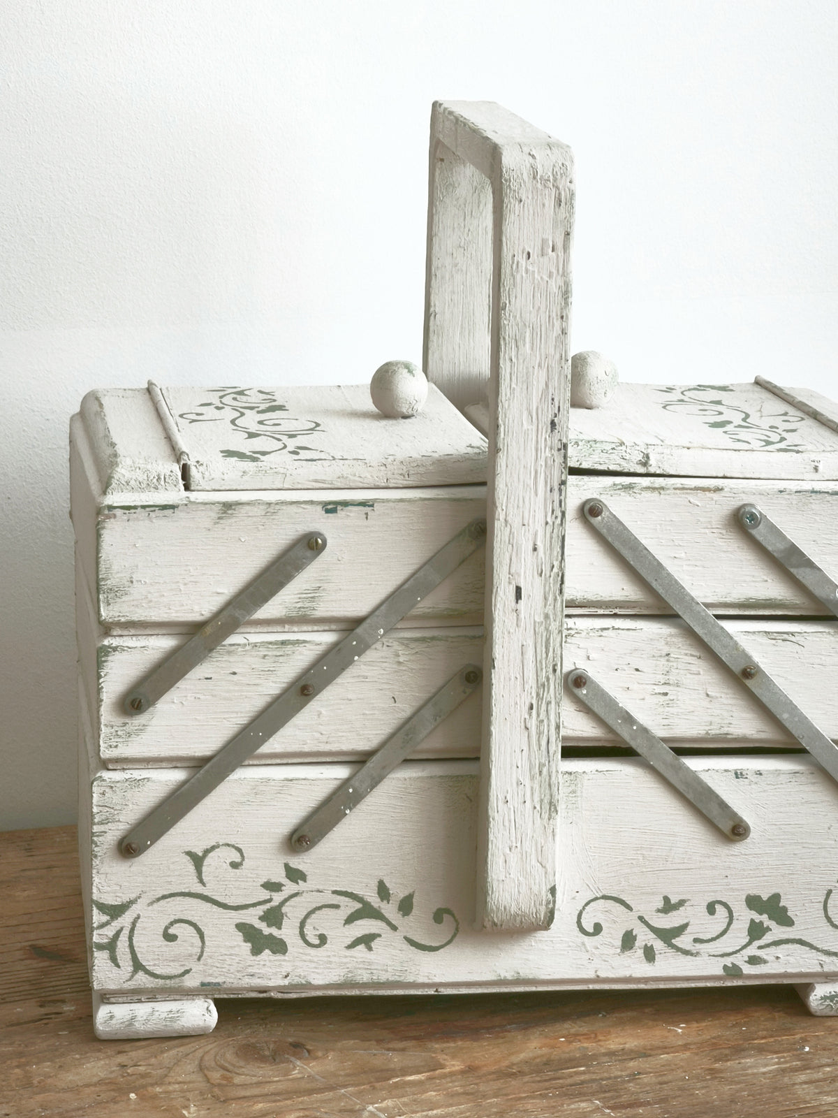 Antique Large Accordion Sewing Box: Shabby Chic Off White Wood Expandable Storage