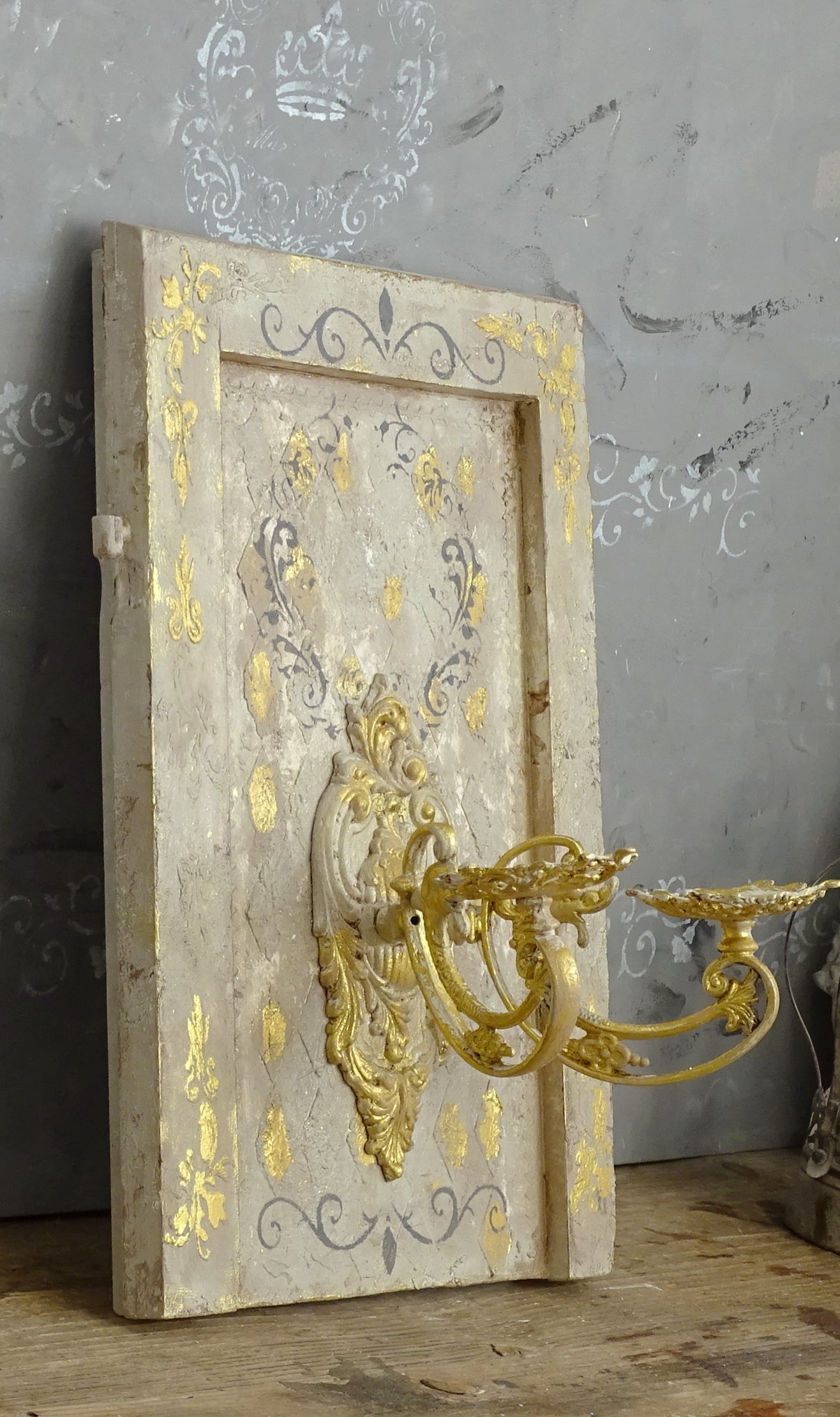 Antique Gilded French Wrought Iron Double Candle Sconce, Shabby Chic Wall Holder