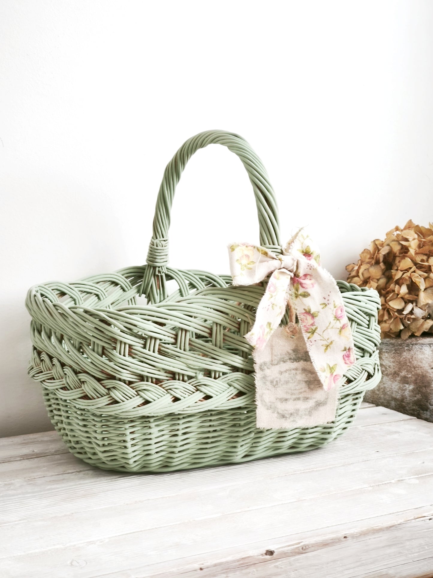 Green Wicker Market Basket with Bow