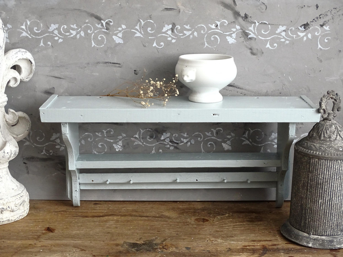 Blue 2-Tier Wood Corbel Wall Shelf with Pegs: Shabby Chic Spice Rack