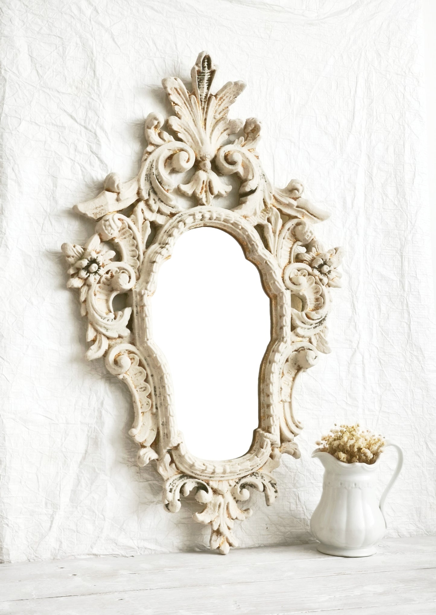 Large Carved Wood Wall Mirror, Framed Ornate Rocaille Distressed White Oval Vanity Boudoir Mirror, Statement Wall Decor