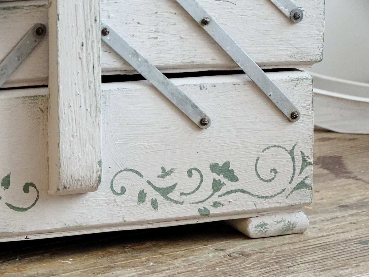 Antique Large Accordion Sewing Box: Shabby Chic Off White Wood Expandable Storage