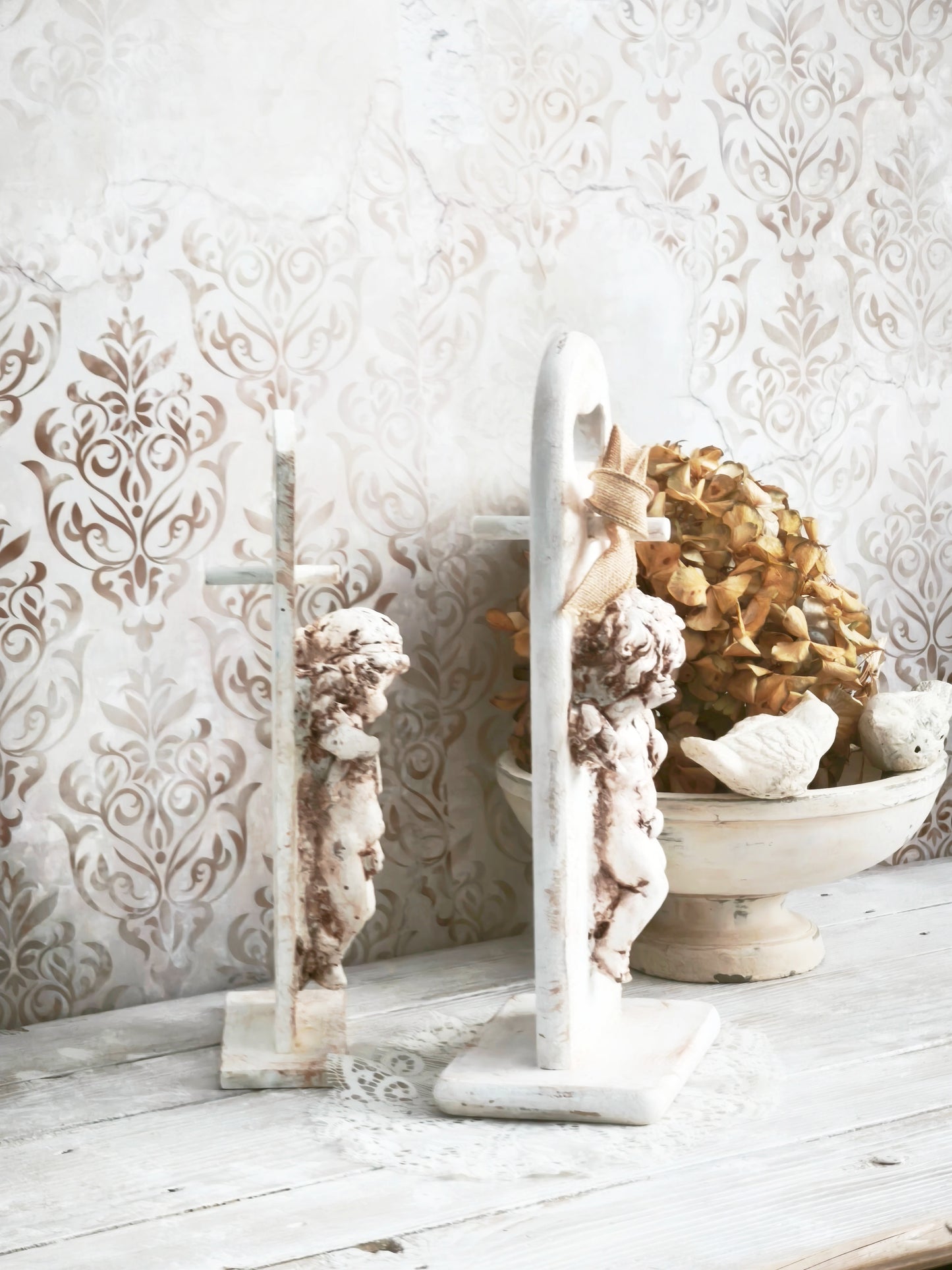 Plaster Cherub Sculpture on Stand, Chalkware Angel Statue