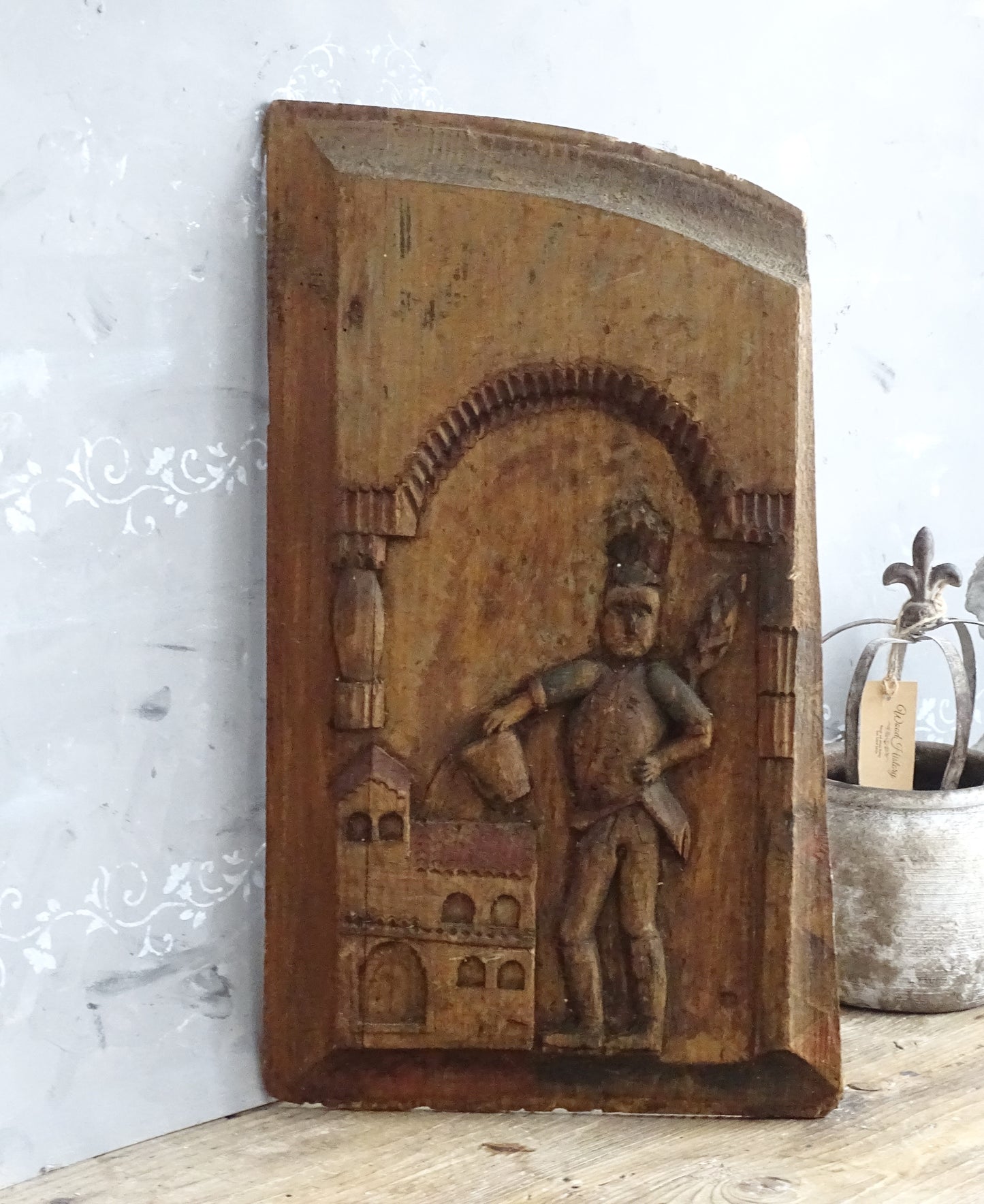 Saint Florian Hand Carved Wooden Panel, Rustic Primitive Carving Folk Art Plaque