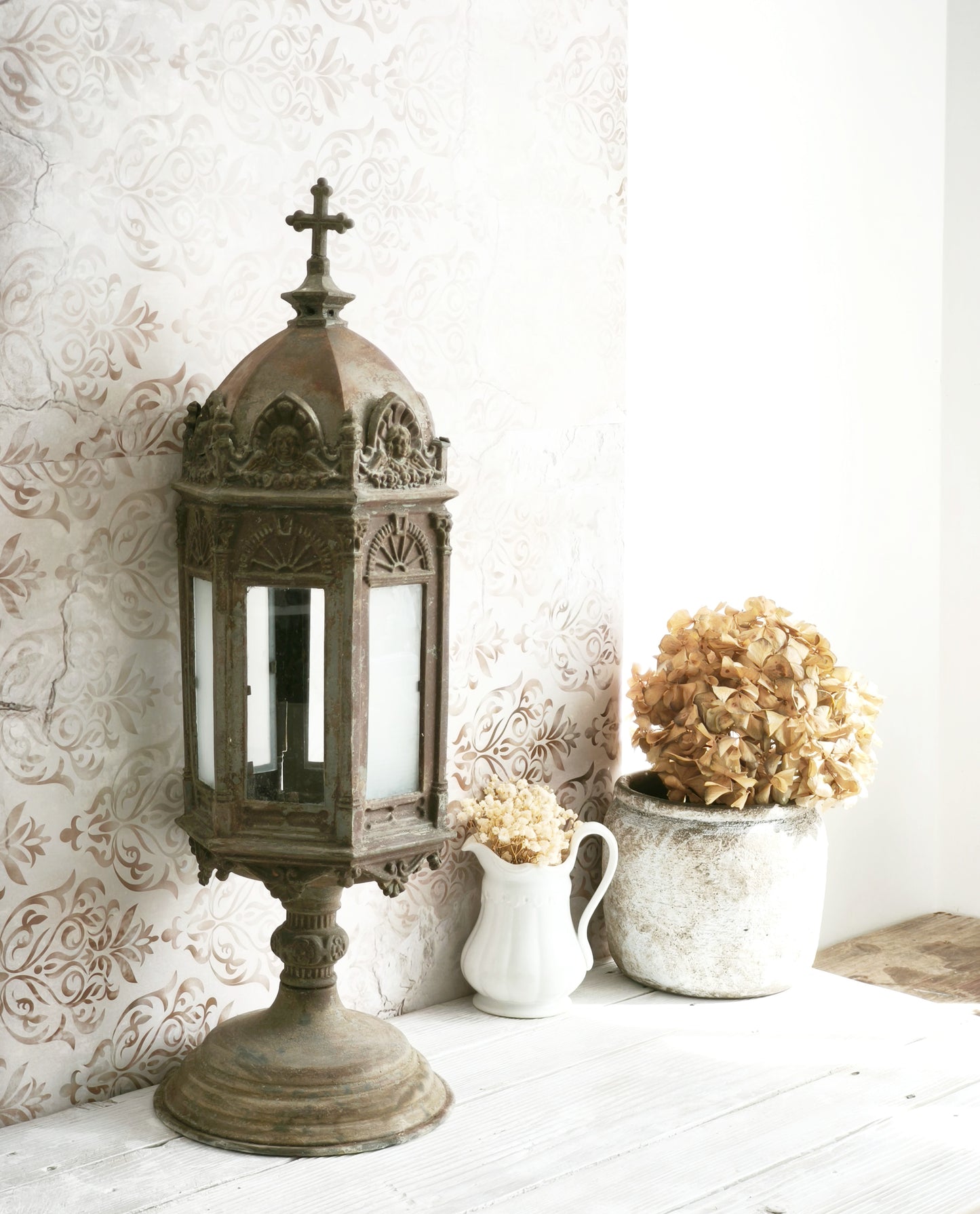 Antique Metal Church Candle Lantern Frosted Glass Windows, 1850s