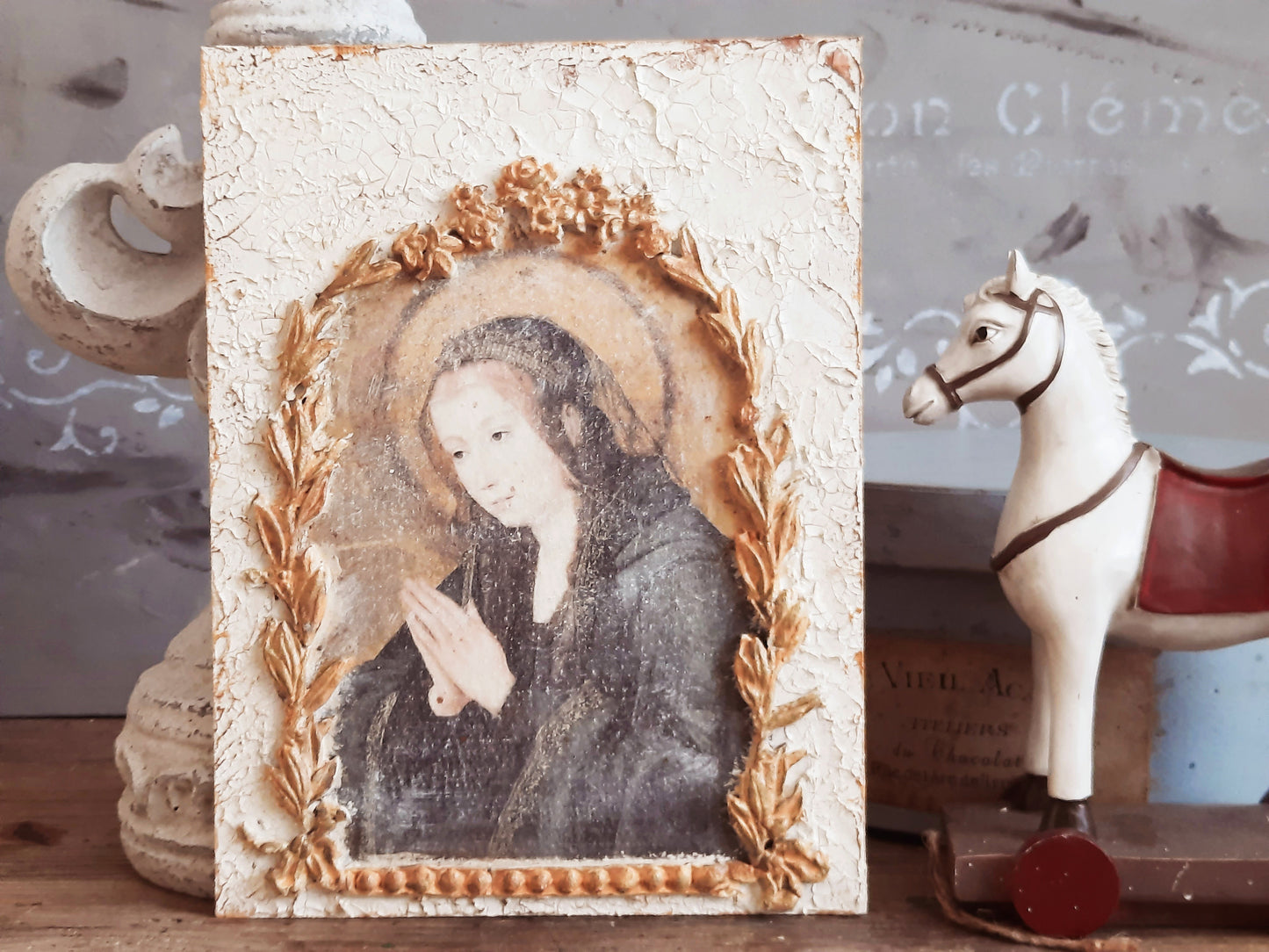 Holy Mary Icon Plaque, Handmade French Decor