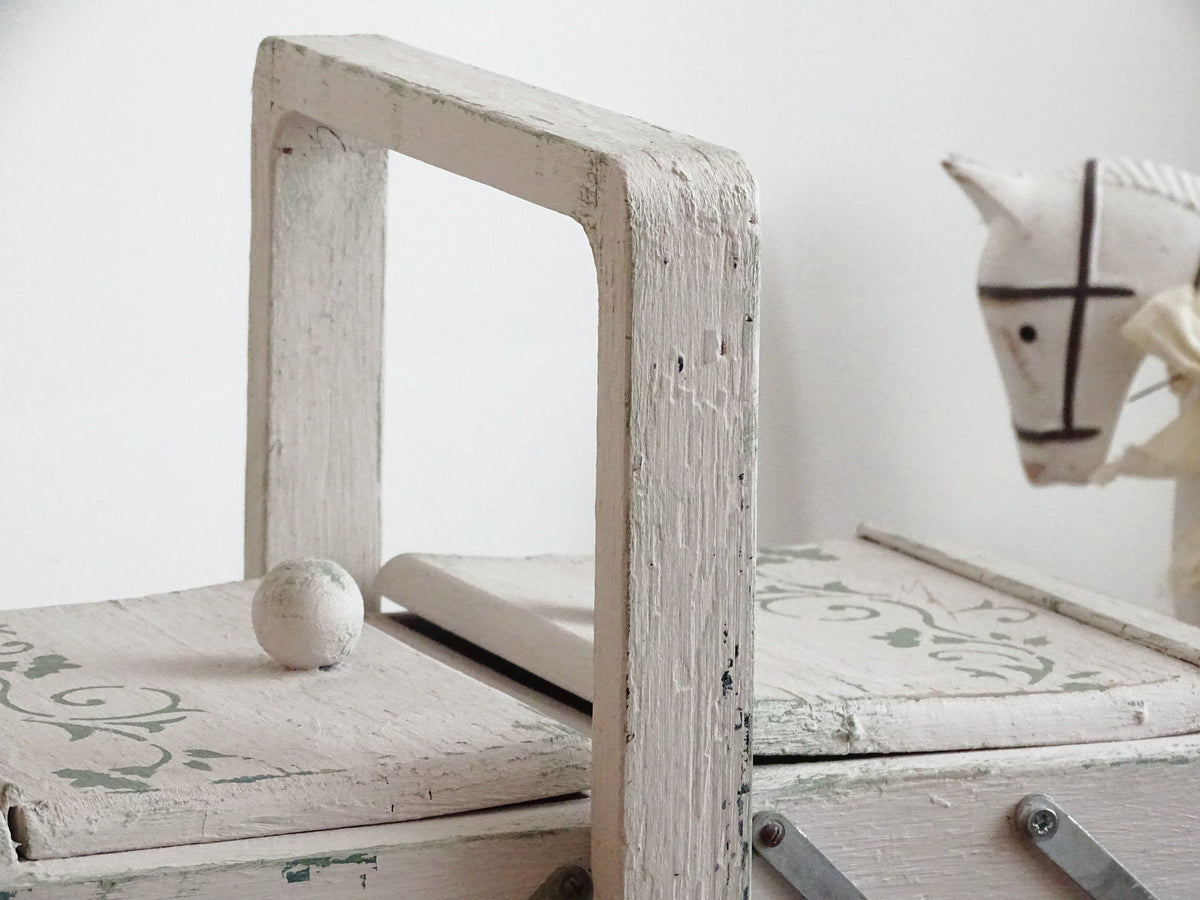 Antique Large Accordion Sewing Box: Shabby Chic Off White Wood Expandable Storage