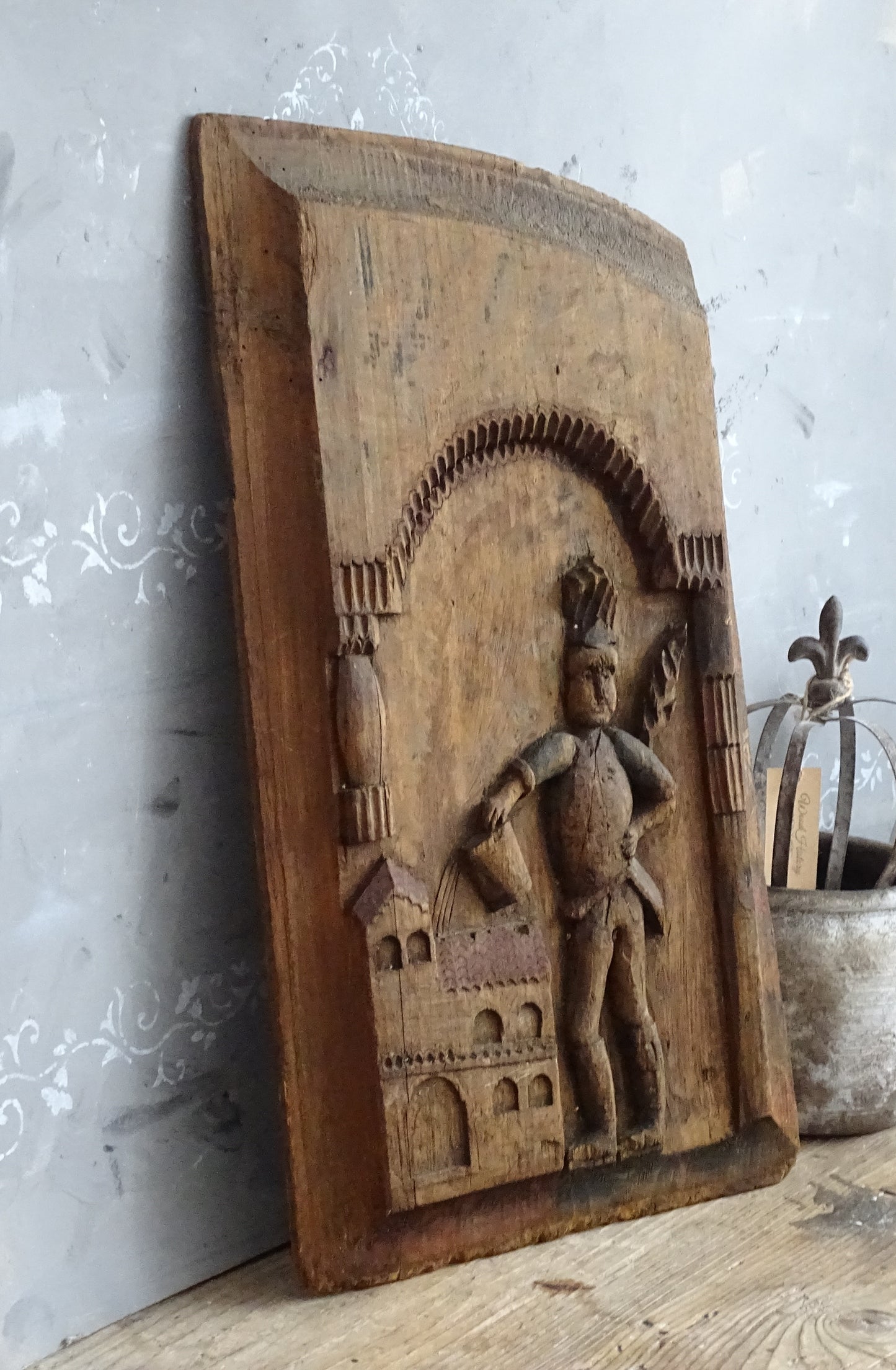 Saint Florian Hand Carved Wooden Panel, Rustic Primitive Carving Folk Art Plaque