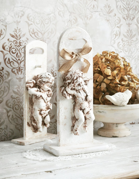 Plaster Cherub Sculpture on Stand, Chalkware Angel Statue