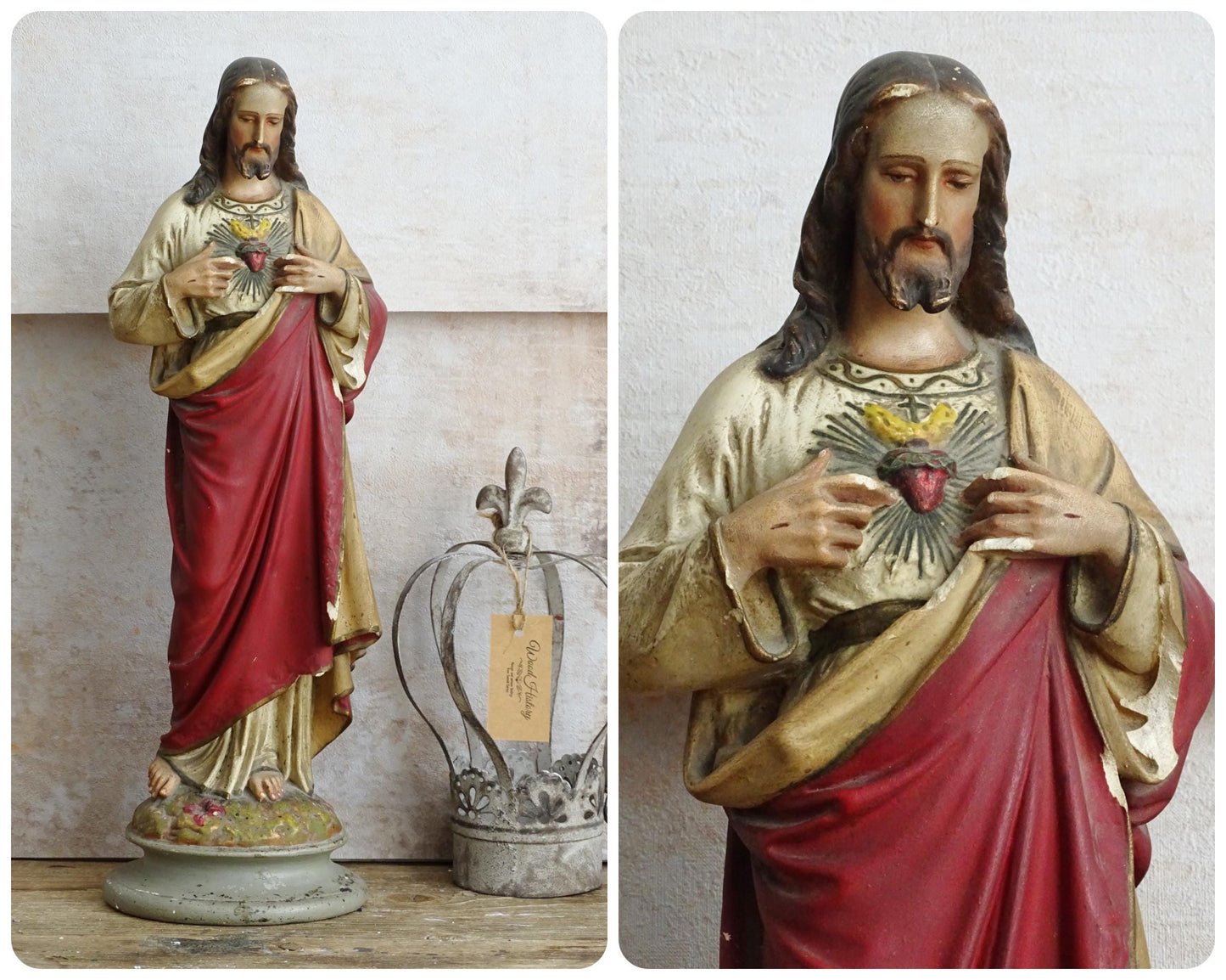 Antique Sacred Heart Jesus Statue: Plaster Hand-Painted Chalkware, Catholic Statuary