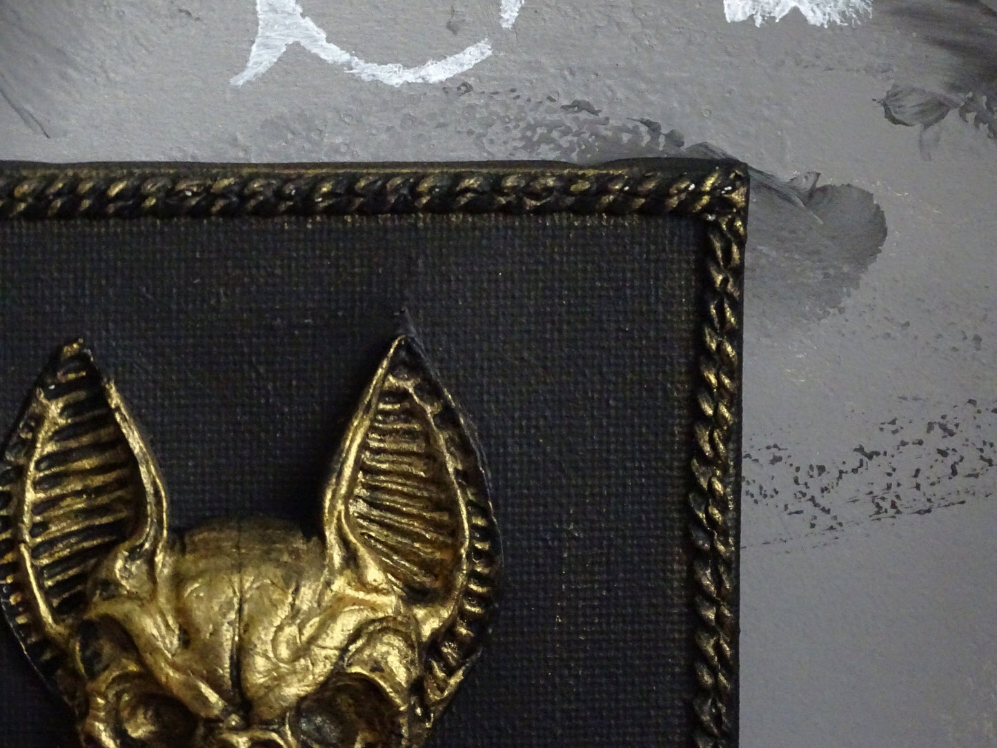 Black Gold Bat Skull Wall Plaque: Framed Faux Taxidermy Wall Sculpture