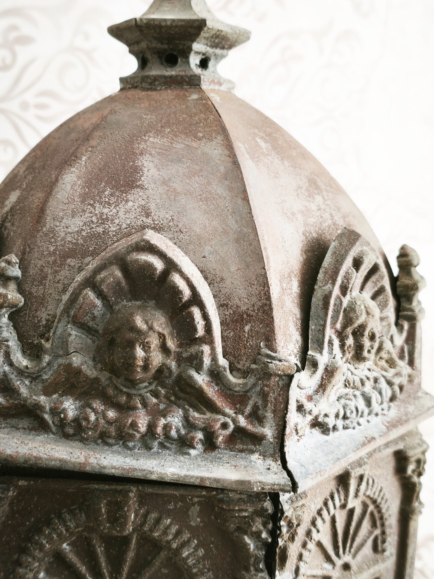 Antique Metal Church Candle Lantern Frosted Glass Windows, 1850s