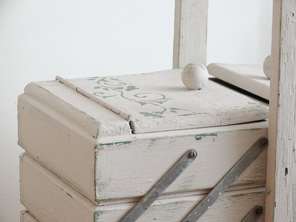 Antique Large Accordion Sewing Box: Shabby Chic Off White Wood Expandable Storage