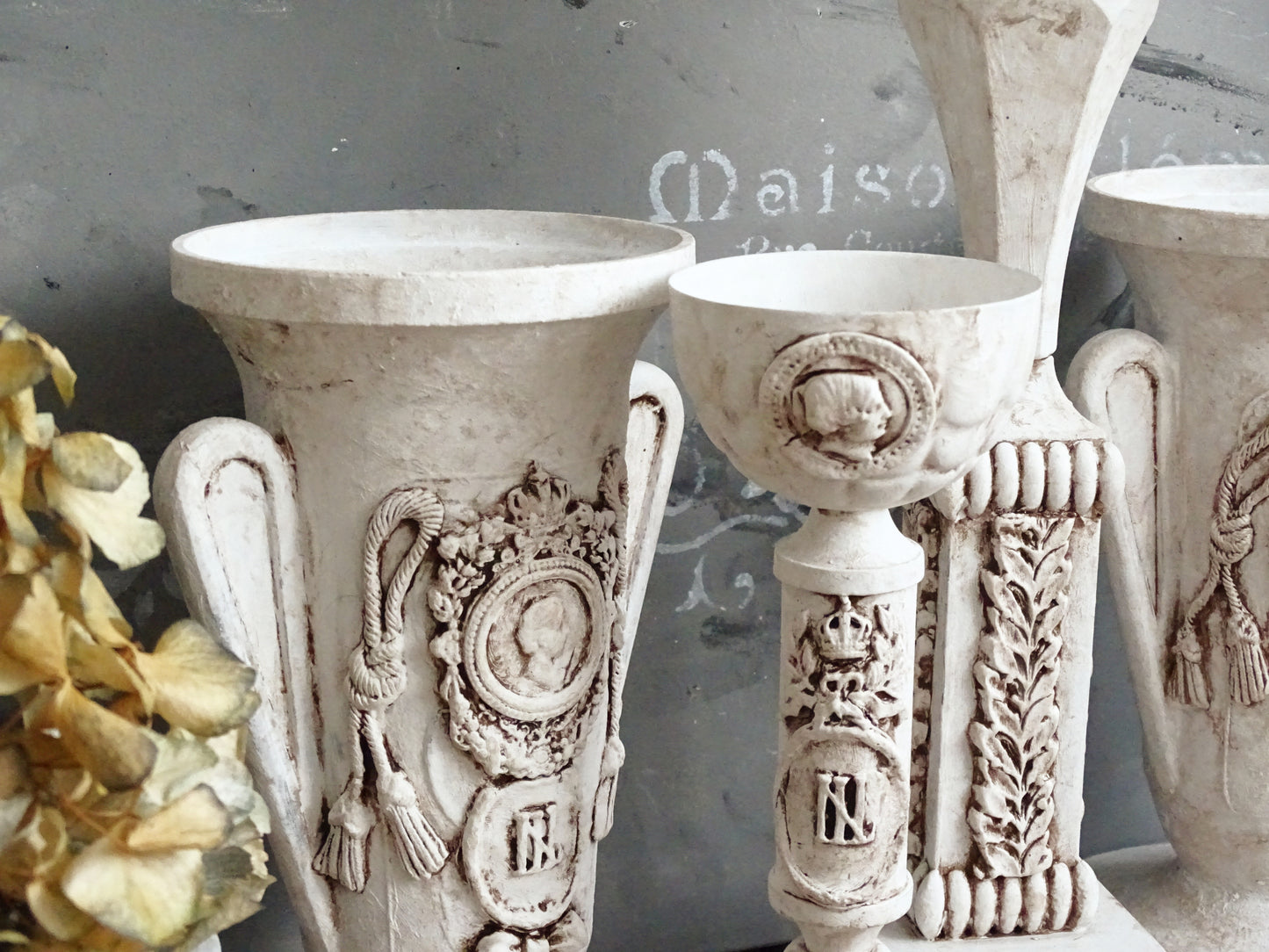 White Decorative Metal Urn Vase, Shabby Chic Decor