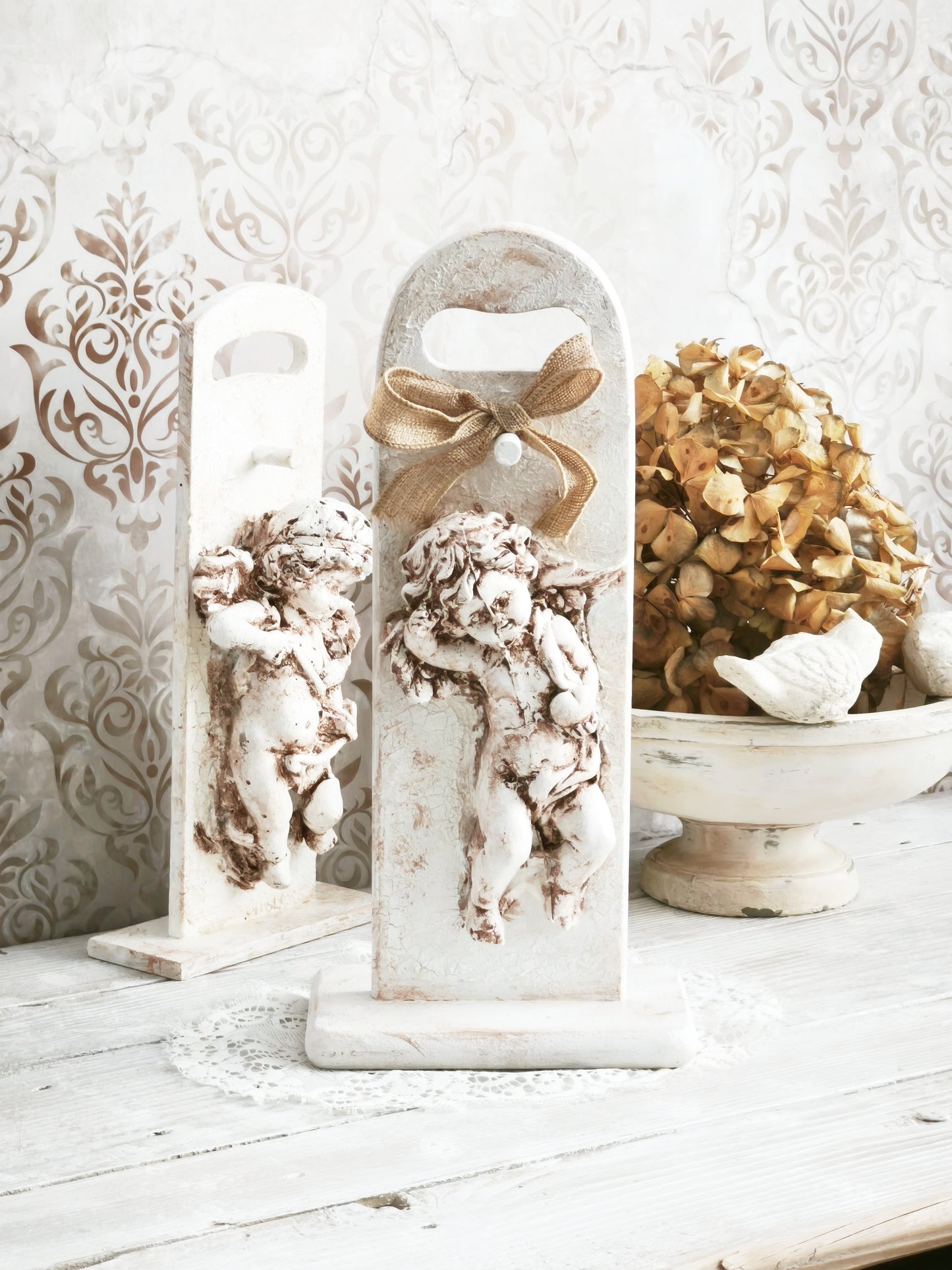 Plaster Cherub Sculpture on Stand, Chalkware Angel Statue