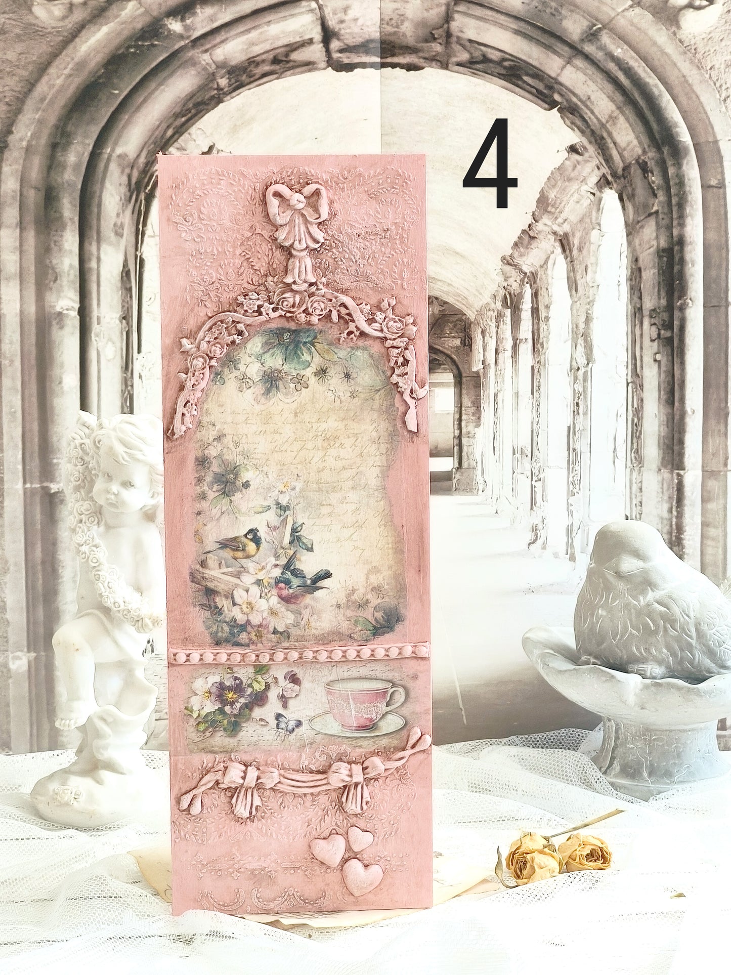 French Decor Wall Wooden Plaque with Birds and Roses