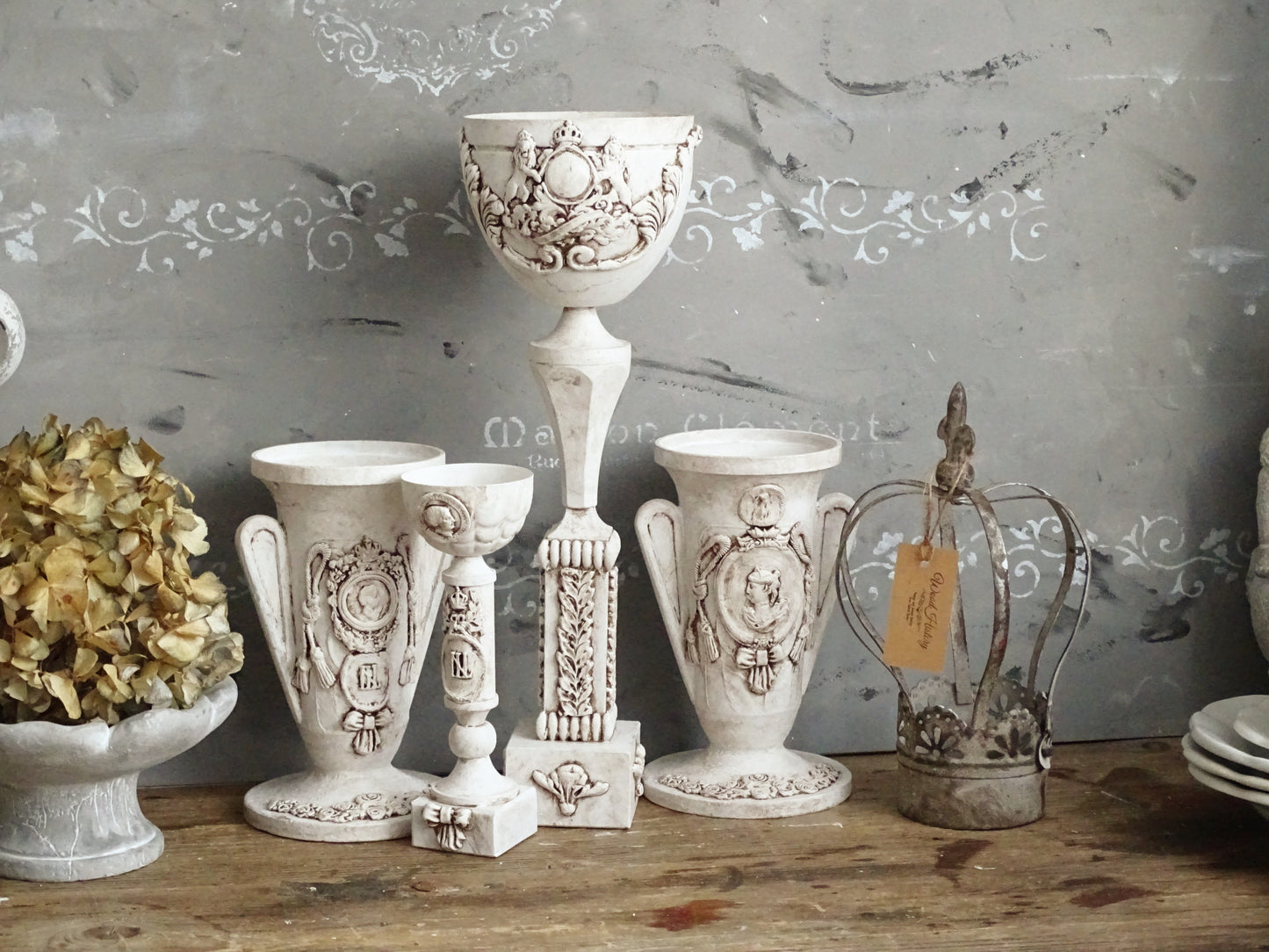 White Decorative Metal Urn Vase, Shabby Chic Decor
