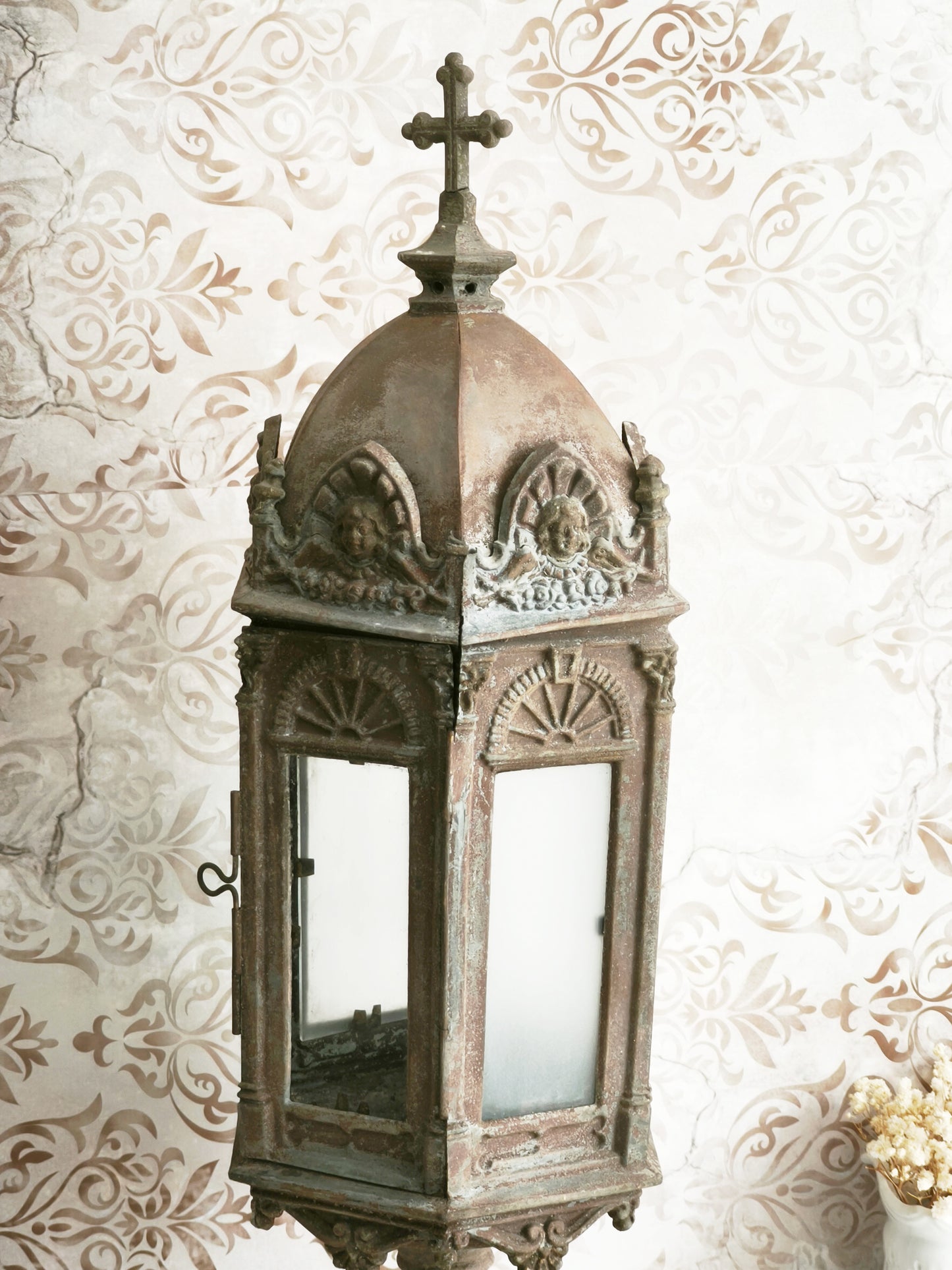 Antique Metal Church Candle Lantern Frosted Glass Windows, 1850s