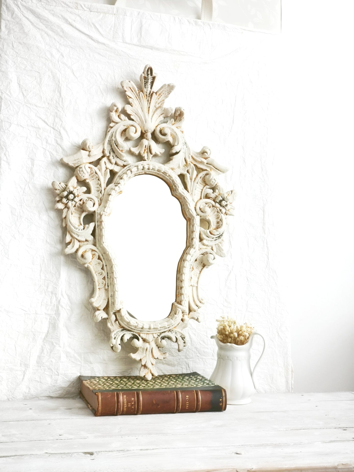 Large Carved Wood Wall Mirror, Framed Ornate Rocaille Distressed White Oval Vanity Boudoir Mirror, Statement Wall Decor