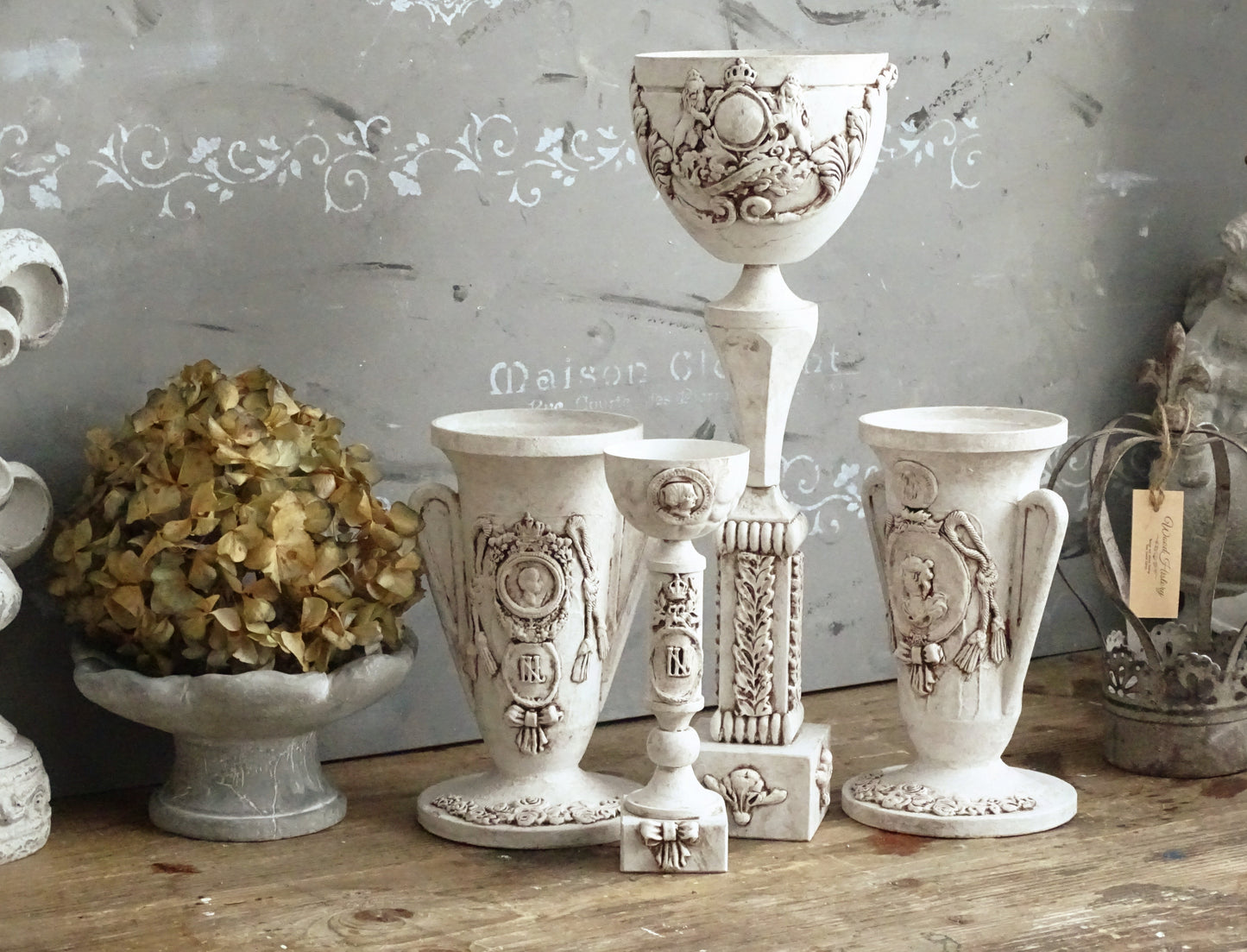 White Decorative Metal Urn Vase, Shabby Chic Decor