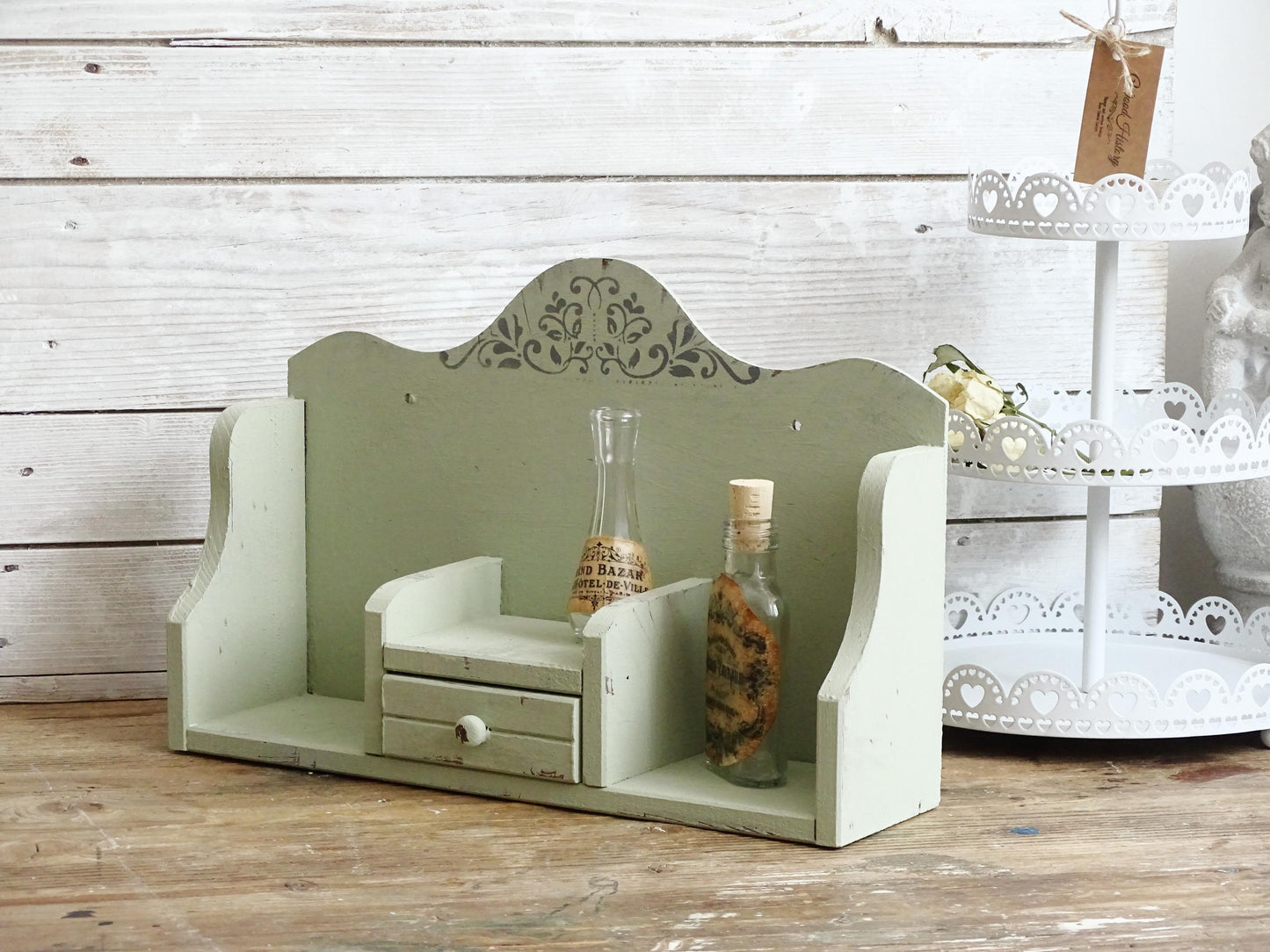 Green Wood Spice Rack Drawer, Spice Holder, Spice Shelf Wall Hanging, Tabletop Spice Organizer, Distressed Shabby Chic Kitchen Storage Rack