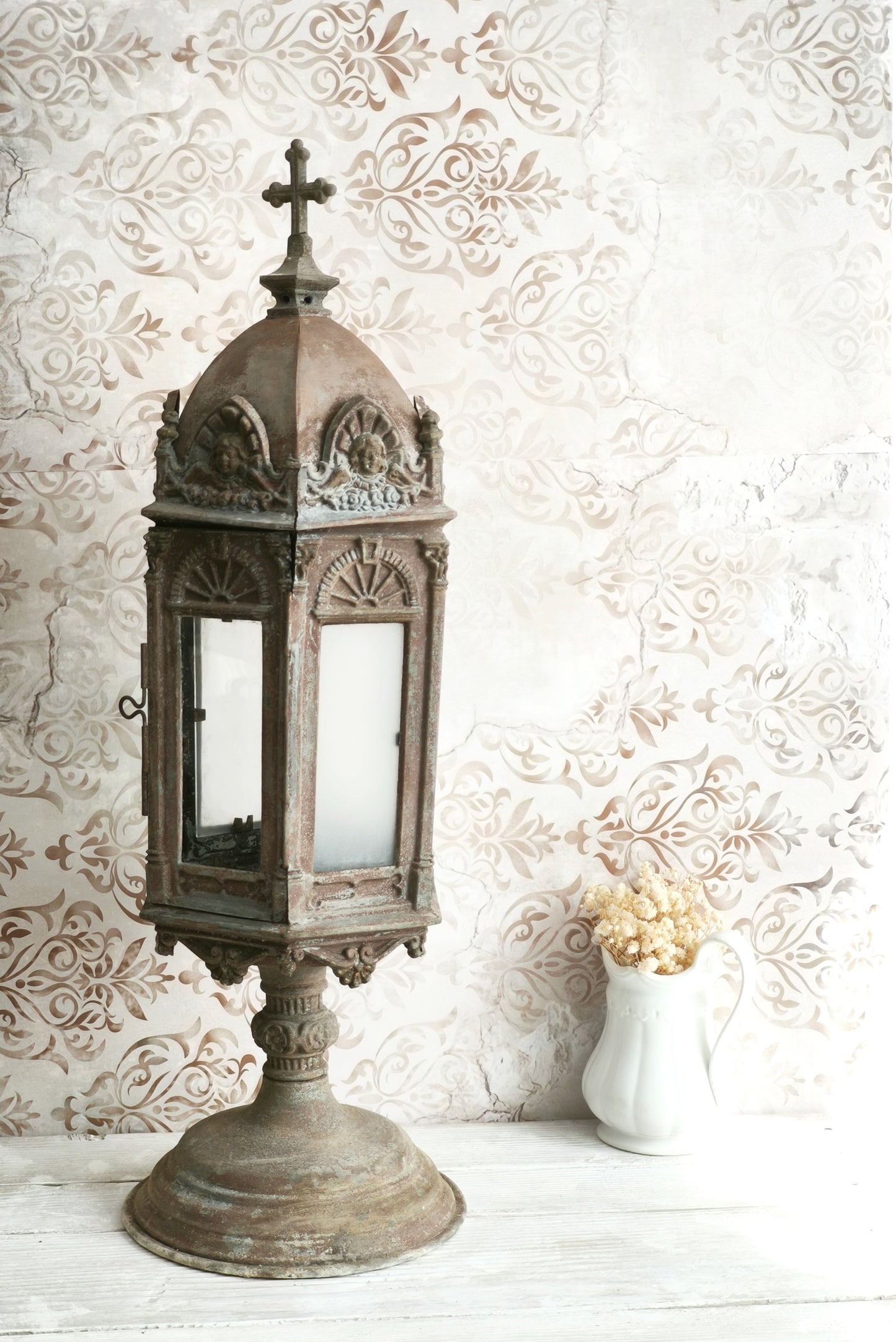 Antique Metal Church Candle Lantern Frosted Glass Windows, 1850s