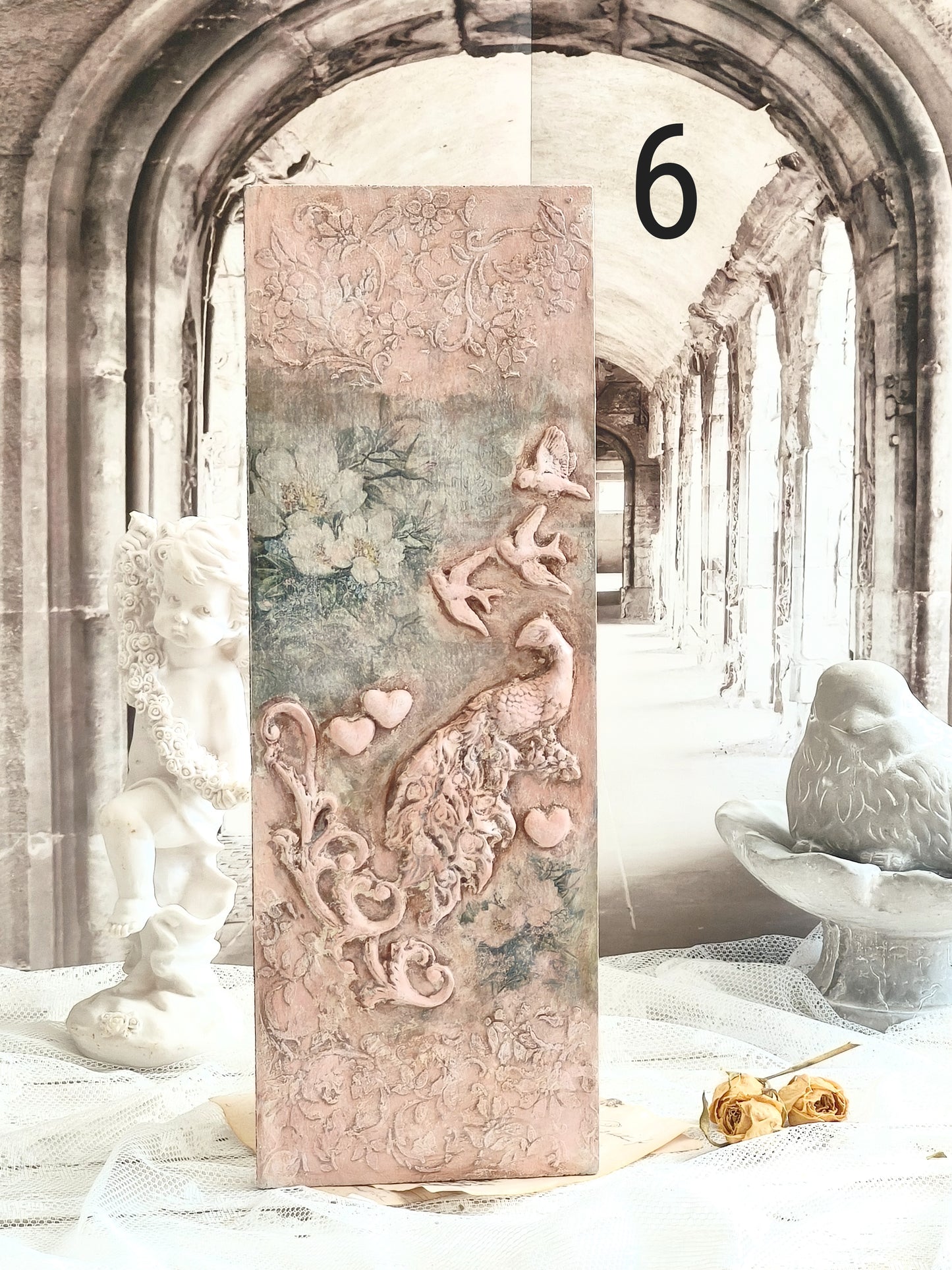 French Decor Wall Wooden Plaque with Birds and Roses