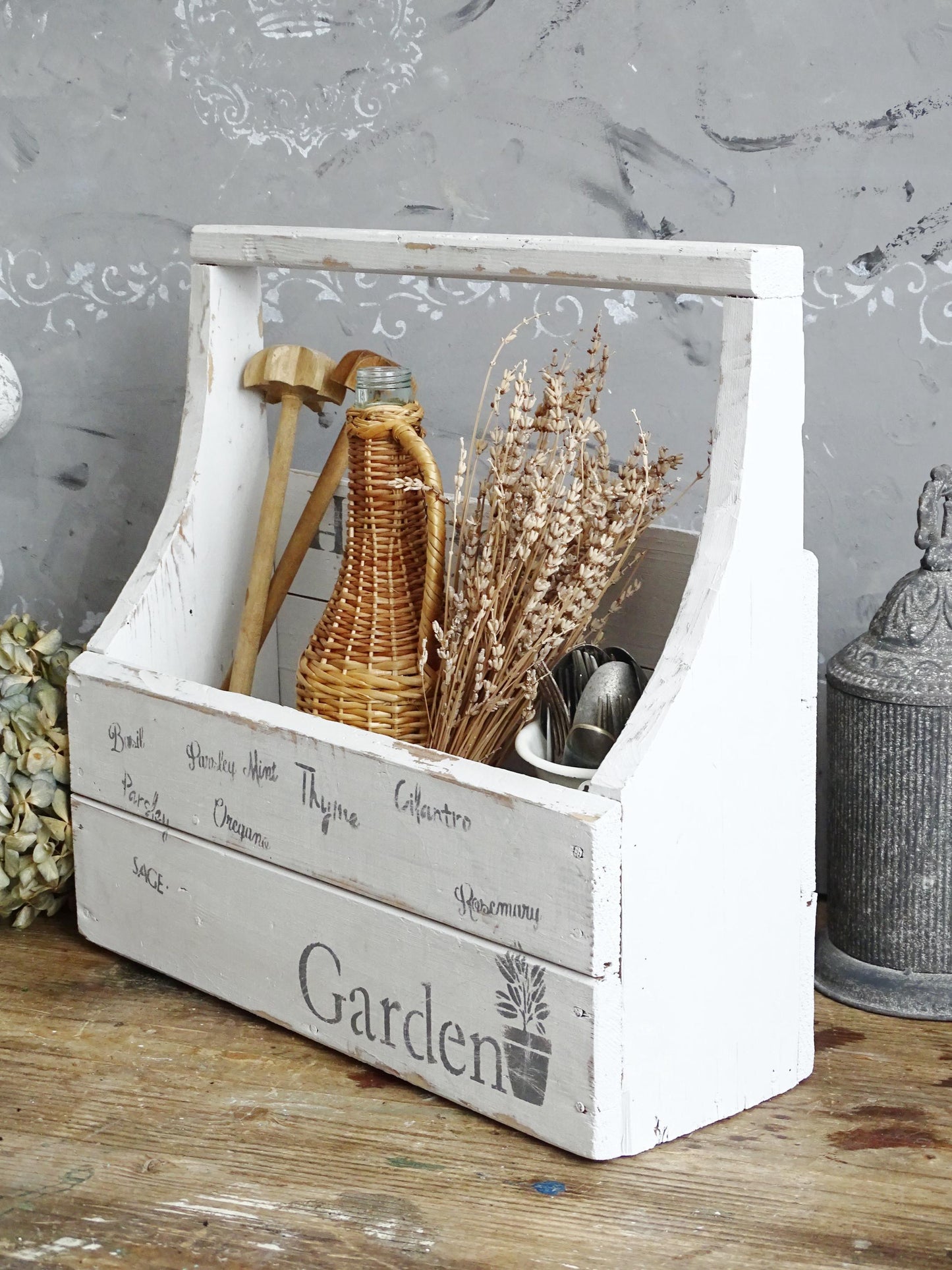 White Wood Toolbox with Handle, Caddy, Carpenter Tool Box, Garden Tote, Farmhouse Tool Carrier, Compartment Storage Box, Wood Trug Basket