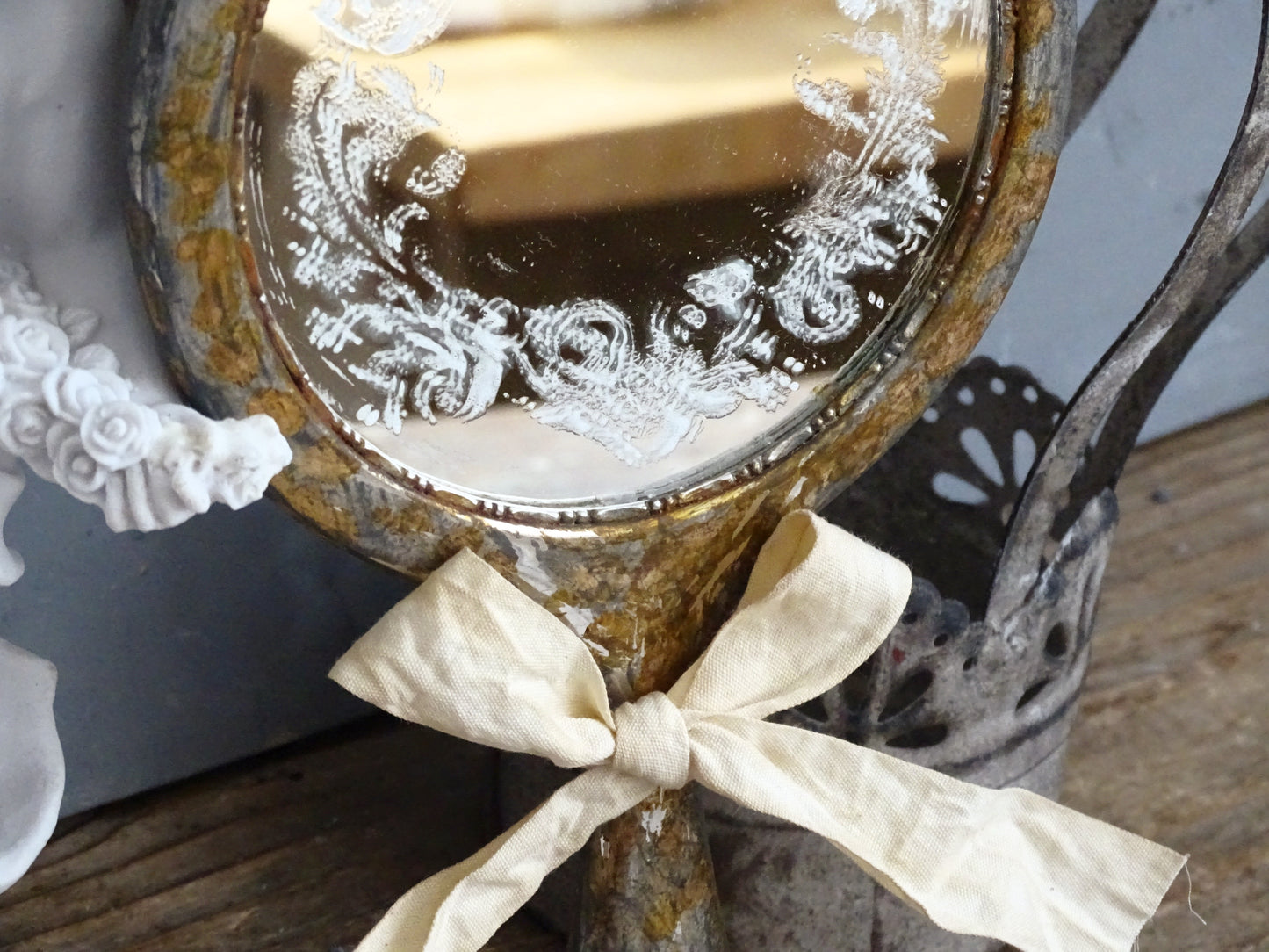 Aged Metal Hand Mirror with Bow, Makeup Mirror