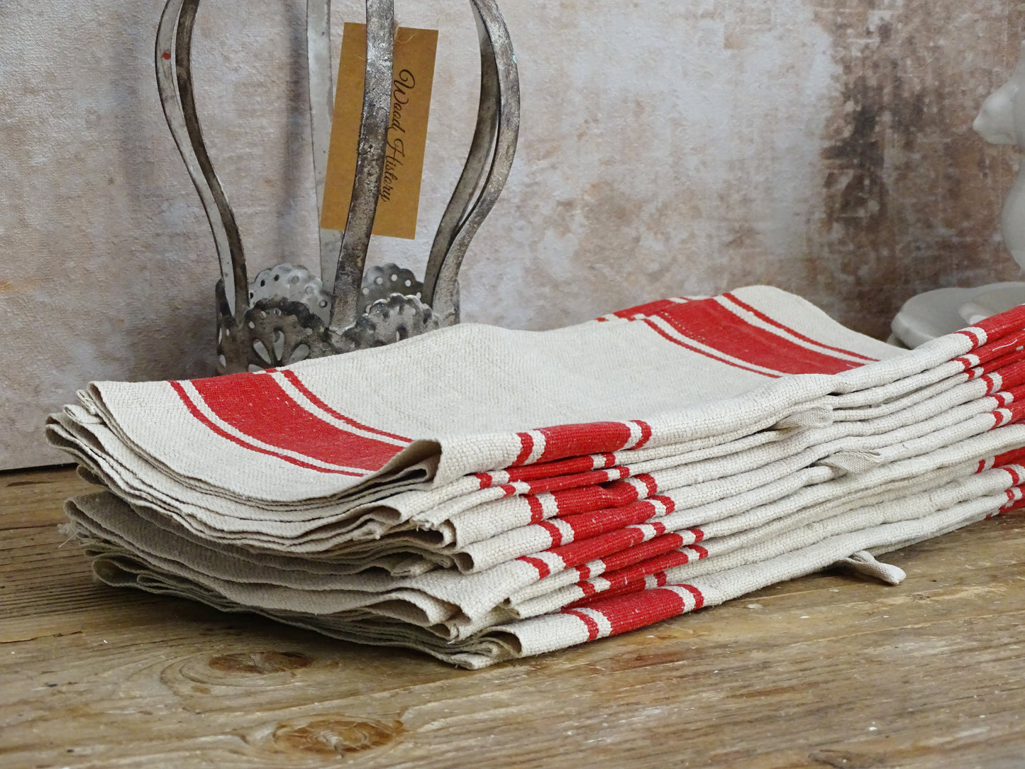 Set Of 2 Antique French Linen Tea Towels: Red Stripes, Unused 1900s Torchon