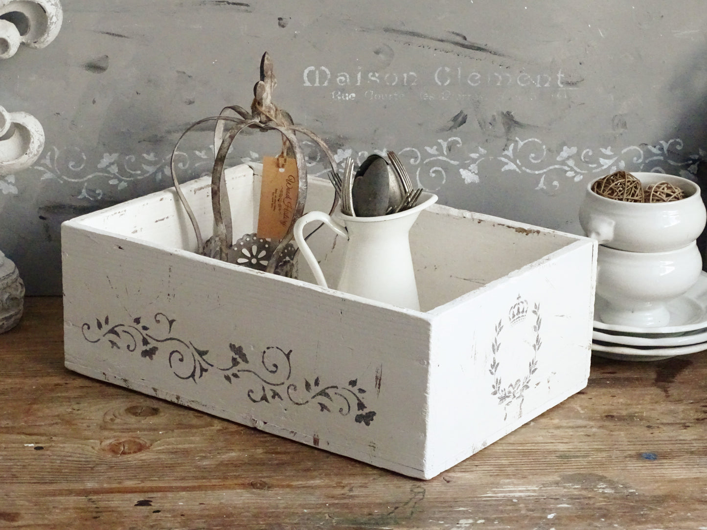 Distressed White Wood Storage Box, Crate: French Country Shabby Chic