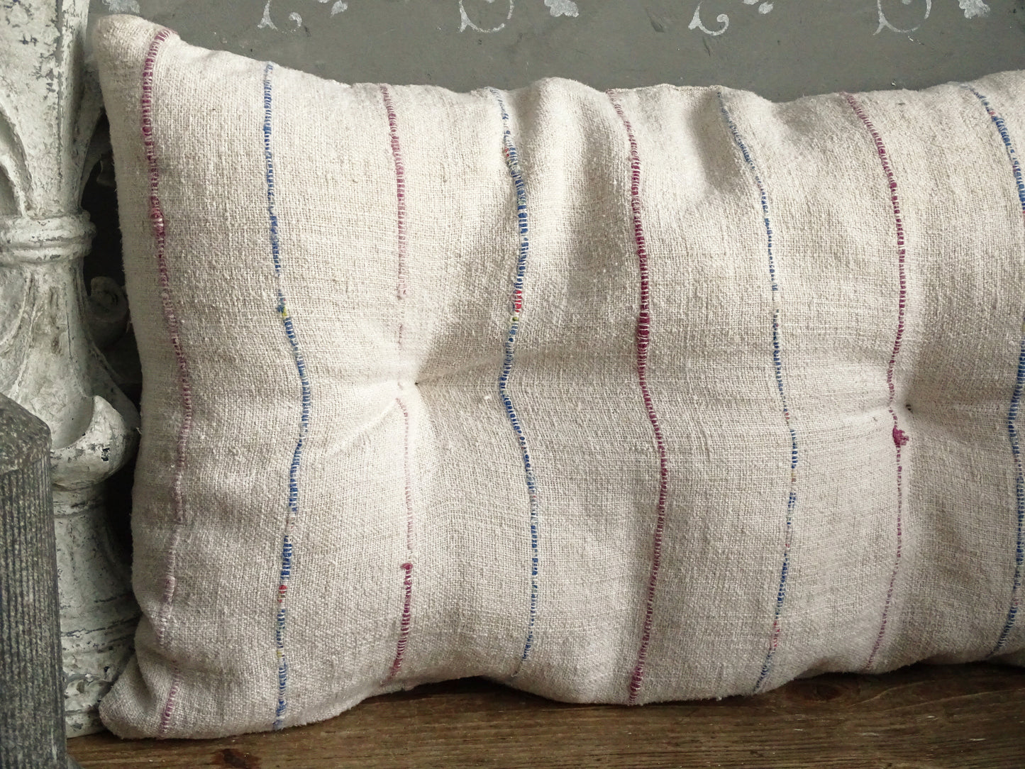 Antique Grain Sack Bench Cushion, Red Stripe Tufted Pillow, Washed Linen Seat Pad