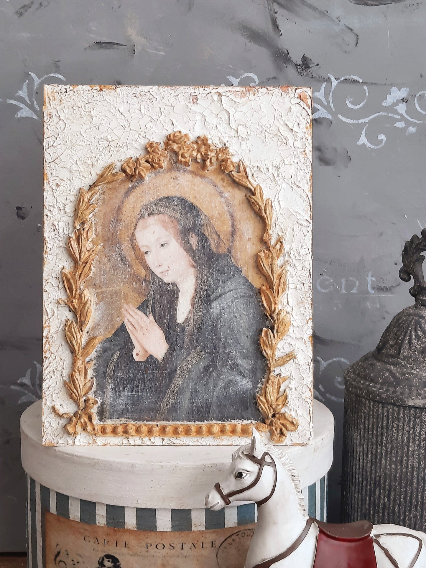 Holy Mary Icon Plaque, Handmade French Decor
