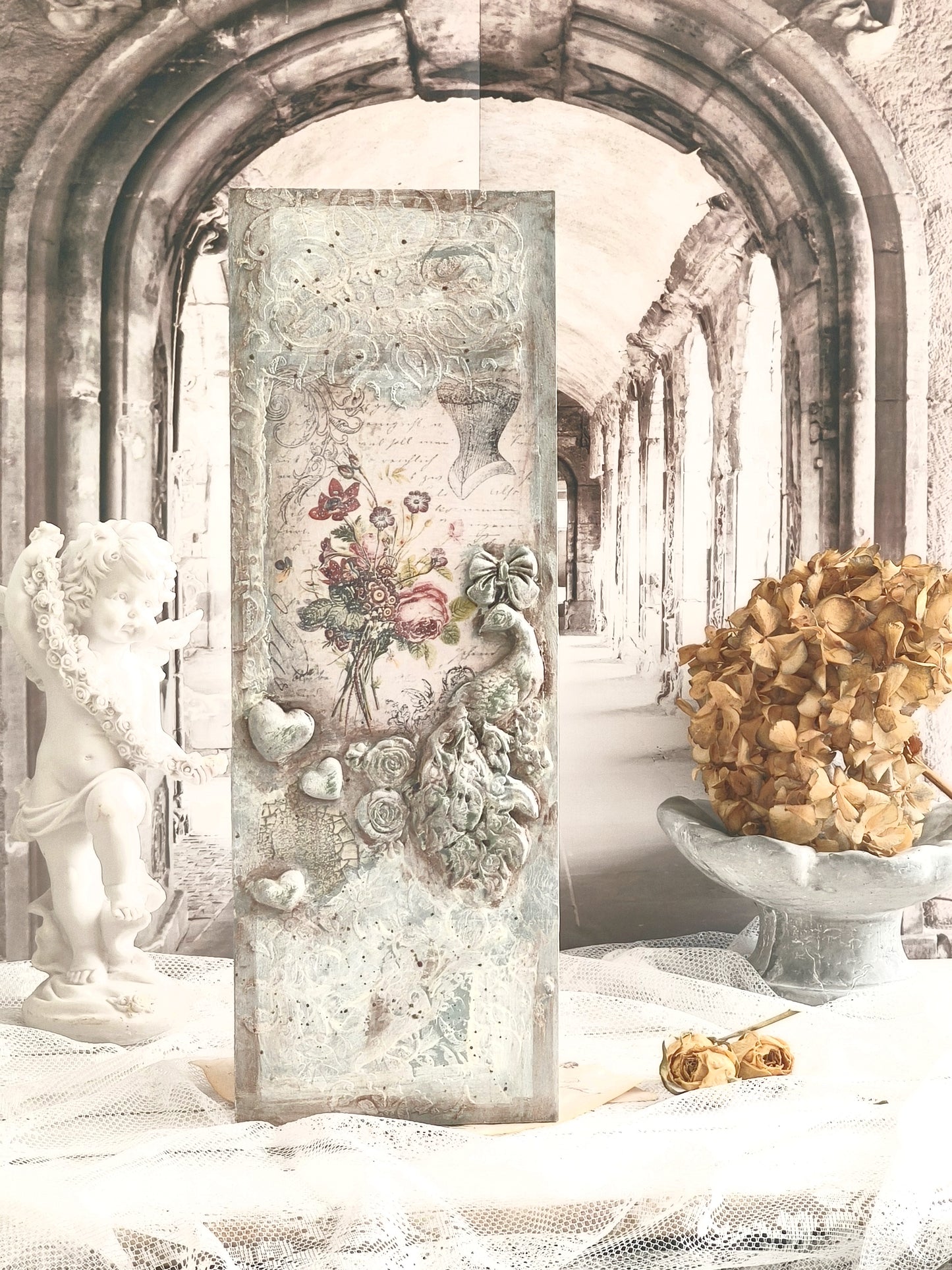 French Decor Wall Wooden Plaque with Birds and Roses