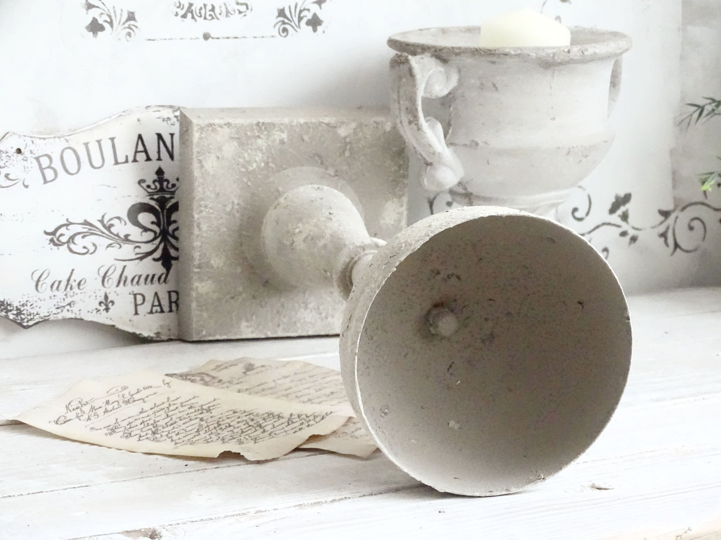 Metal Trophy Urn Vase Stone Effect, Gray Distressed, Shabby Chic Pedestal Plant Pot