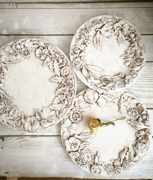 White Floral Wall Art Plaque, Wreath, Upcycled Vintage Decor with Flowers