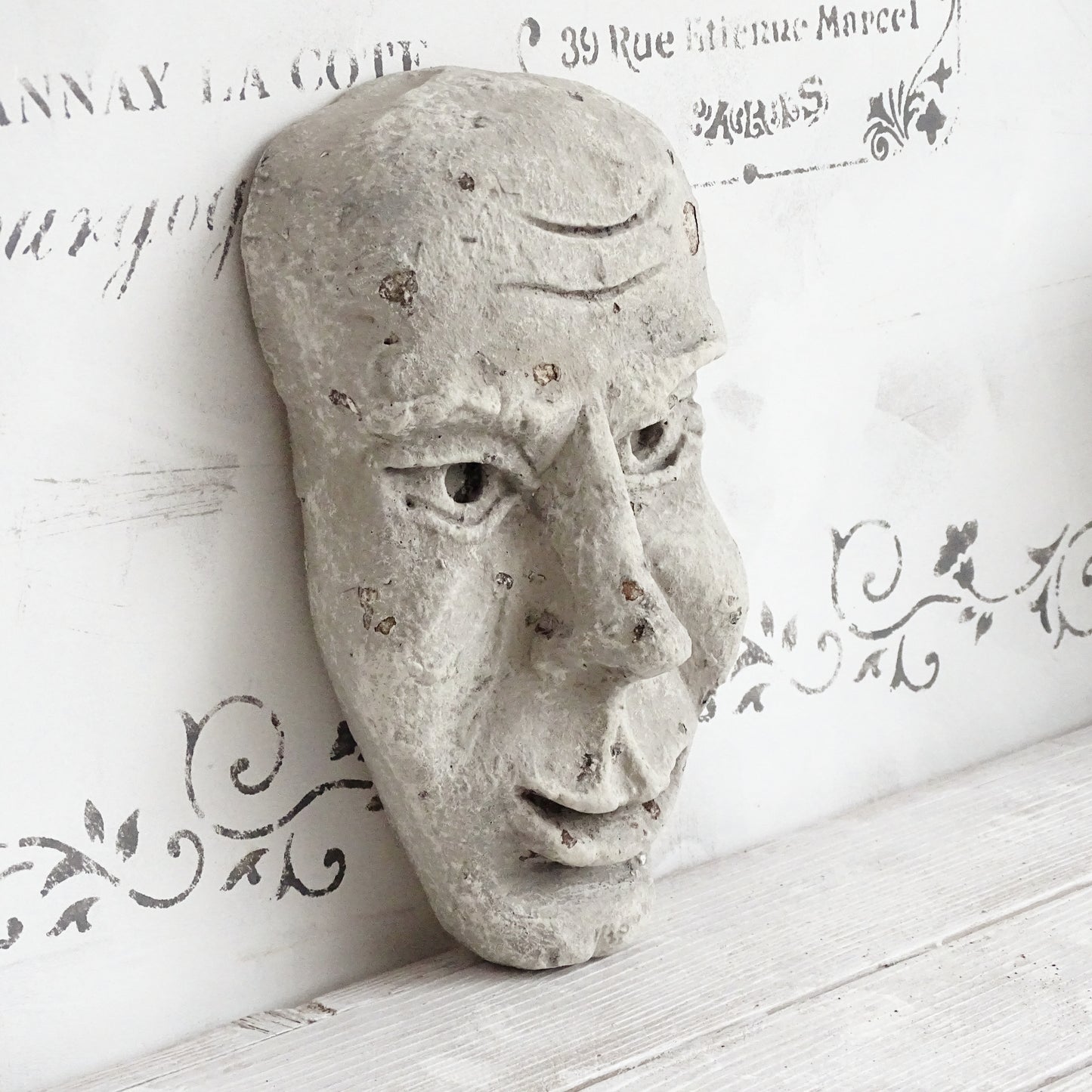 Grotesque Plaster Face Wall Sculpture, Distressed Creepy Portrait Mask Human Face, Head