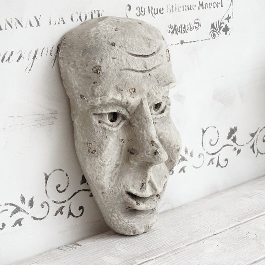 Grotesque Plaster Face Wall Sculpture, Distressed Creepy Portrait Mask Human Face, Head