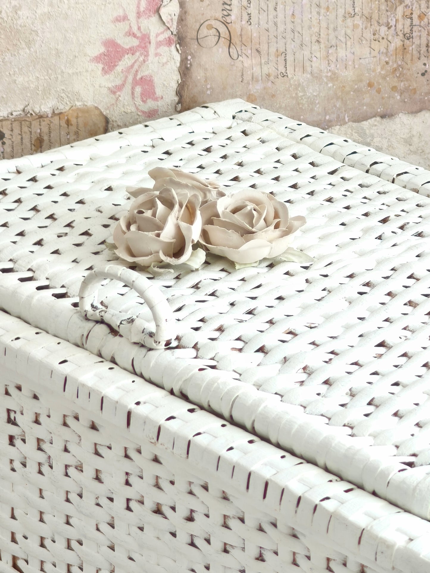 White Wicker Basket with Roses, Lidded Box