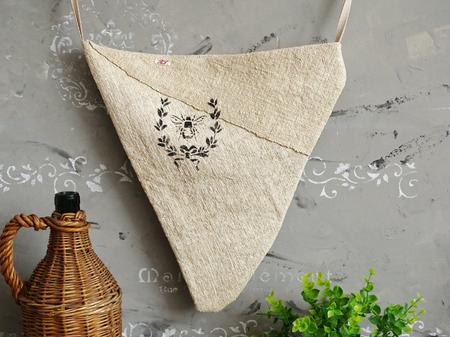 Cone Linen Wall Pocket, Antique Grain Sack Rustic Storage Bag