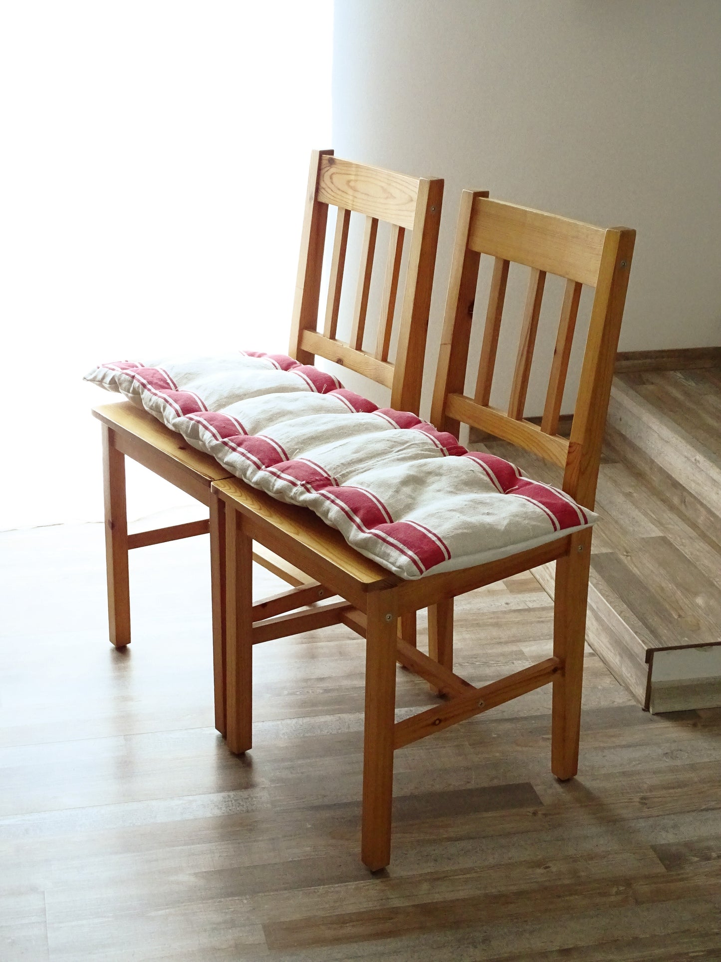Antique Grain Sack Bench Cushion, Red Stripe Tufted Pillow, Washed Linen Seat Pad