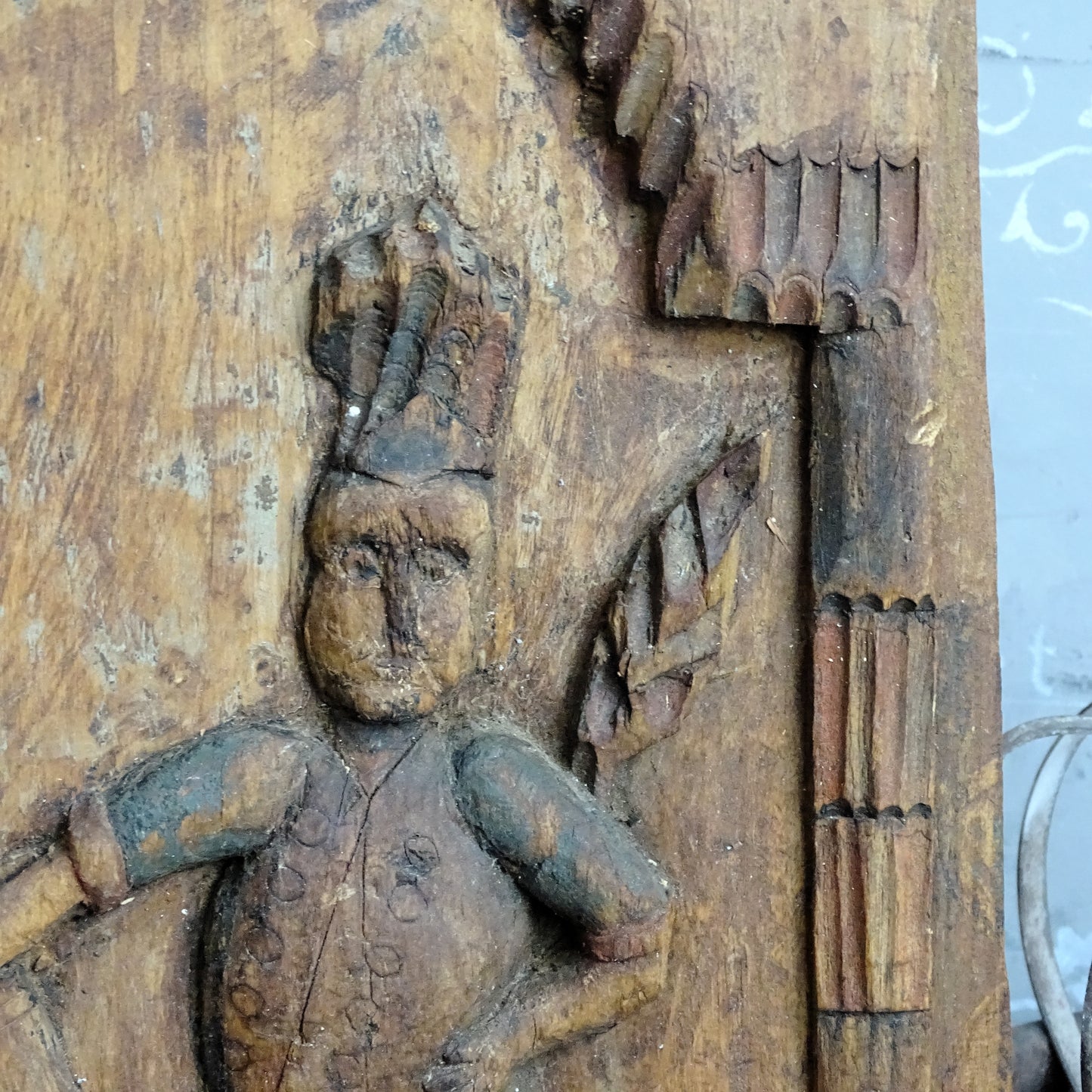 Saint Florian Hand Carved Wooden Panel, Rustic Primitive Carving Folk Art Plaque