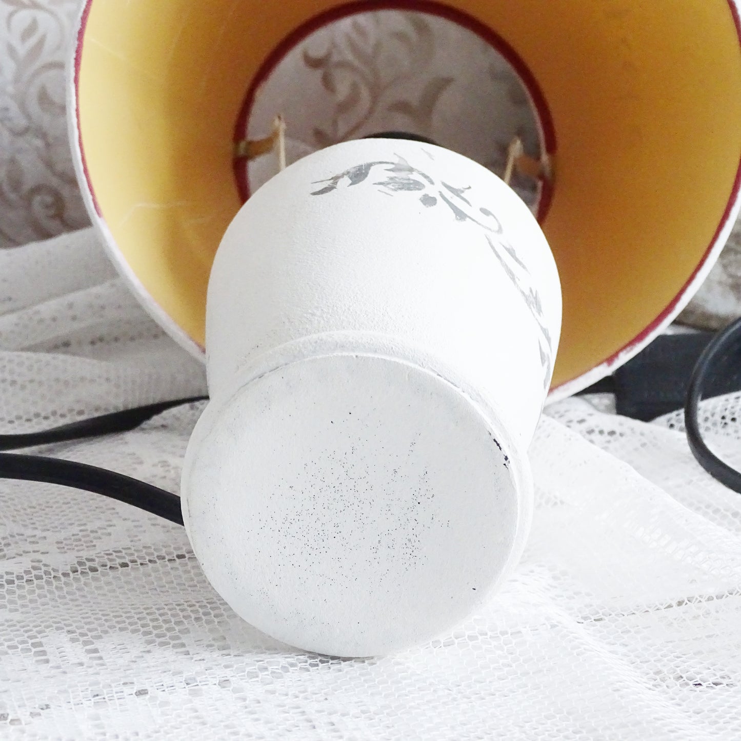 White Ceramic Table Lamp, White Shade, Shabby Chic